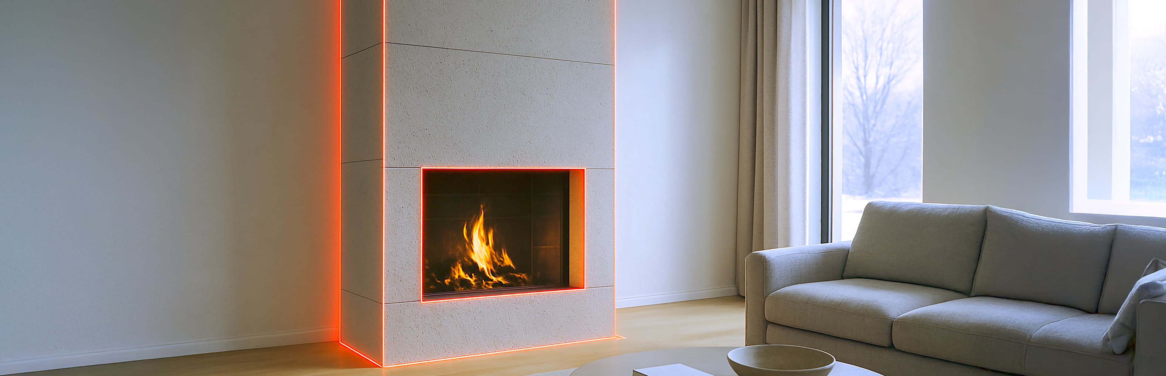 Ein modernes Wohnzimmer mit einem minimalistischen Kamin mit orangefarbenem Licht am Rand, einem brennenden Feuer im Inneren, einem hellgrauen Sofa, einem Couchtisch und großen Fenstern, die natürliches Licht hereinlassen.