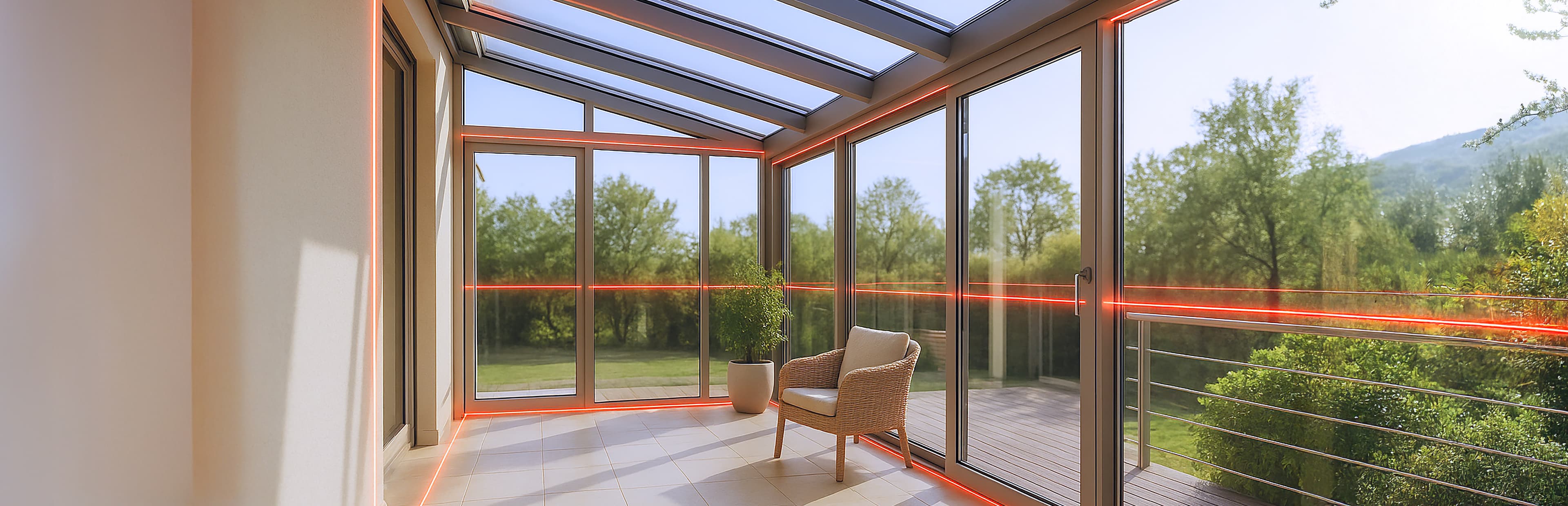 Une véranda moderne avec de grandes fenêtres et un plafond en verre, avec une chaise en osier et une plante en pot. Un éclairage d'accentuation orange court le long du sol et de la balustrade, avec une vue sur une cour verdoyante et des arbres à l'extérieur.