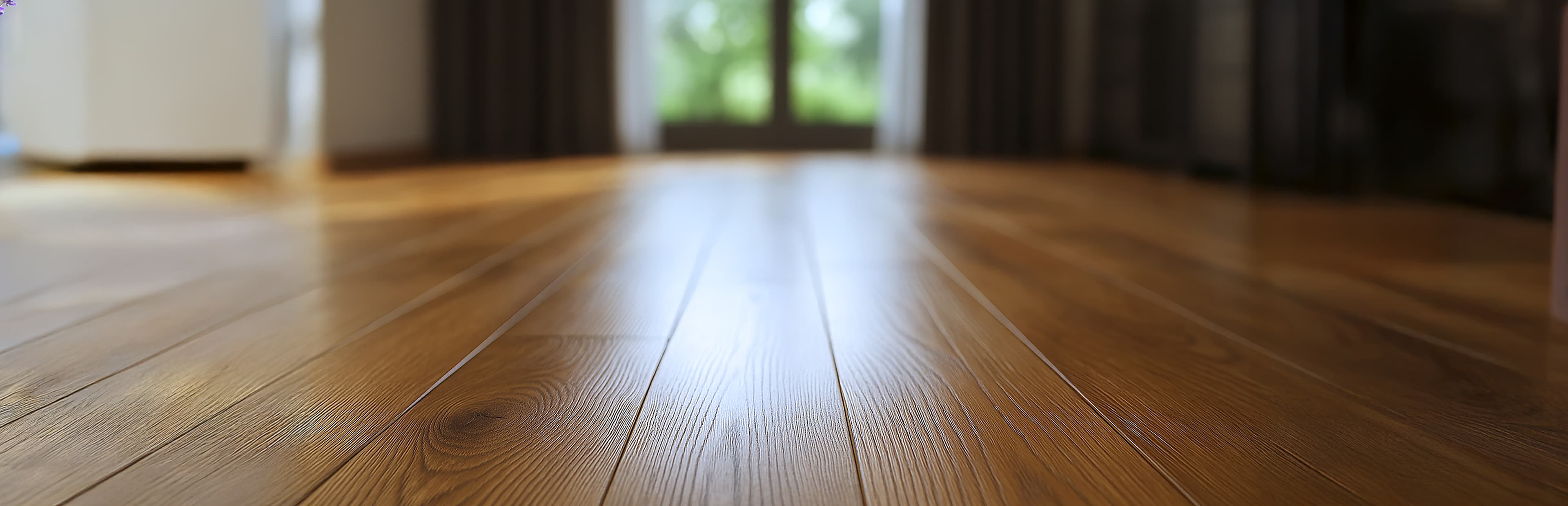 Nahaufnahme von glänzenden Holzdielen in einem Raum, mit unscharfem Hintergrund, der Fenster, Vorhänge und Grünzeug draußen zeigt.