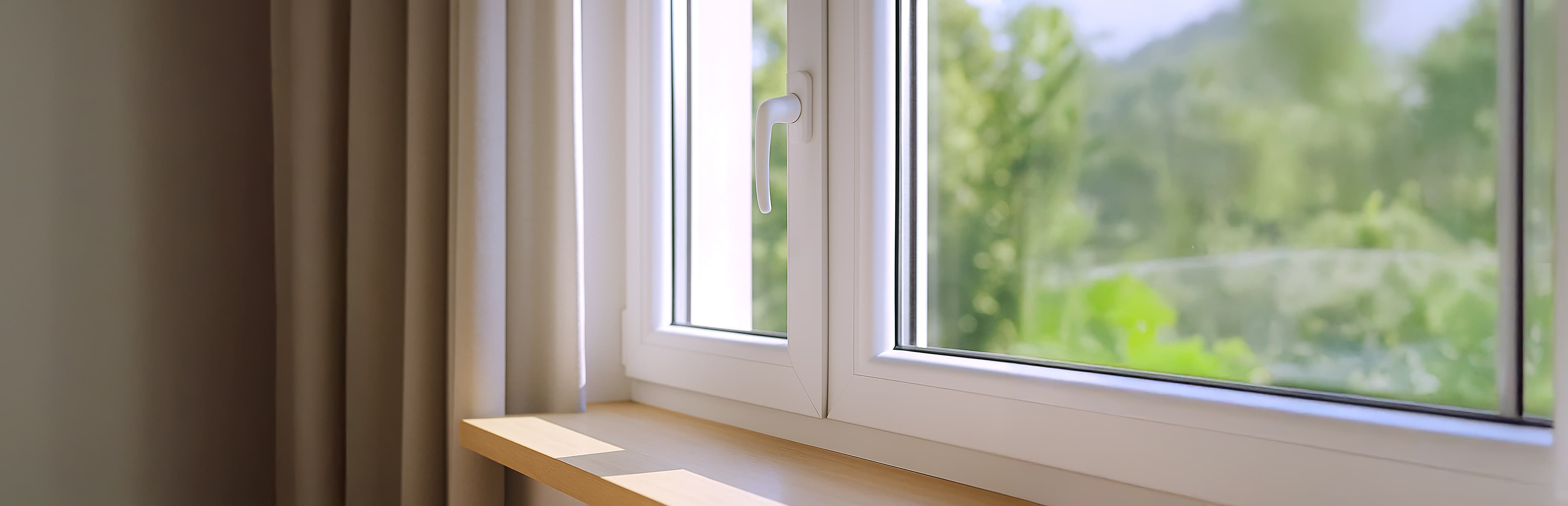 Nahaufnahme eines weiß gerahmten Fensters mit einem teilweise geöffneten Griff neben beigen Vorhängen. Draußen sind grünes Laub und Bäume zu sehen, die auf einen hellen, sonnigen Tag hindeuten.