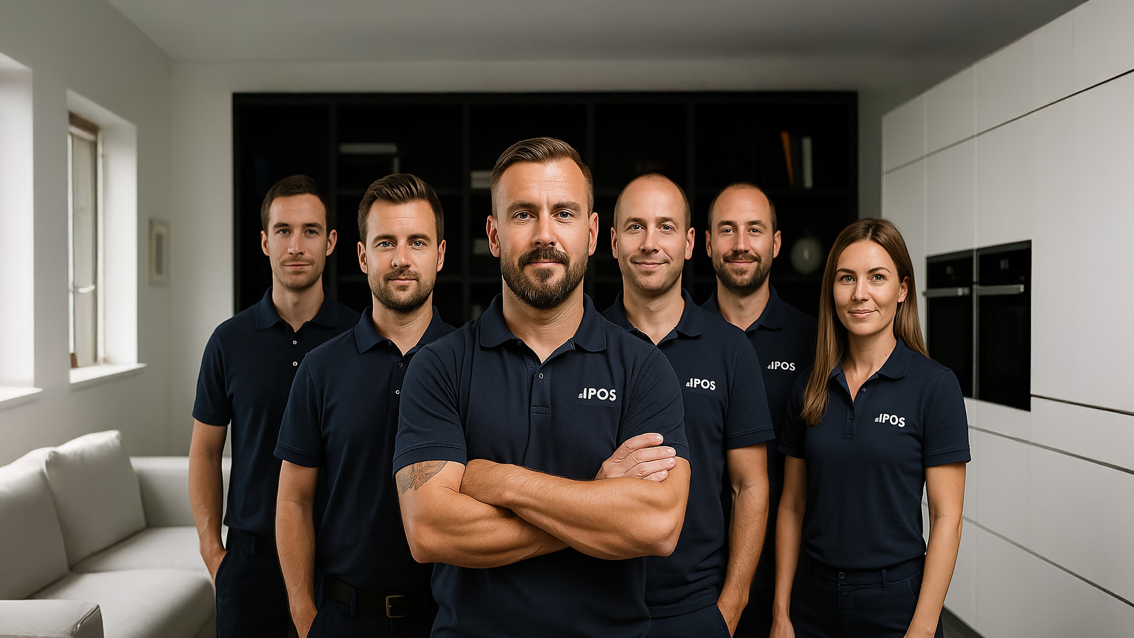 Six people in matching navy blue polo shirts with JPOS logo stand together in a modern, bright room, smiling confidently at the camera. The group includes five men and one woman.