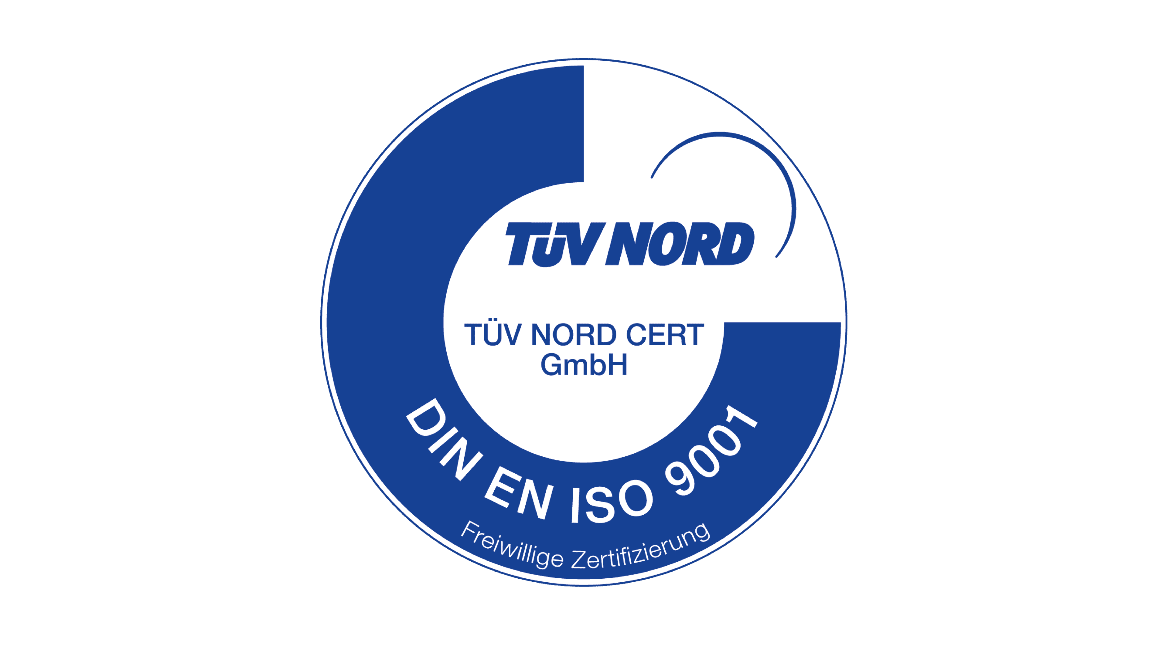 Een ronde blauw-witte certificeringsbadge met de tekst TÜV NORD CERT GmbH, DIN EN ISO 9001 en Freiwillige Zertifizierung erop, waarmee de ISO 9001-certificering door TÜV NORD wordt aangegeven.