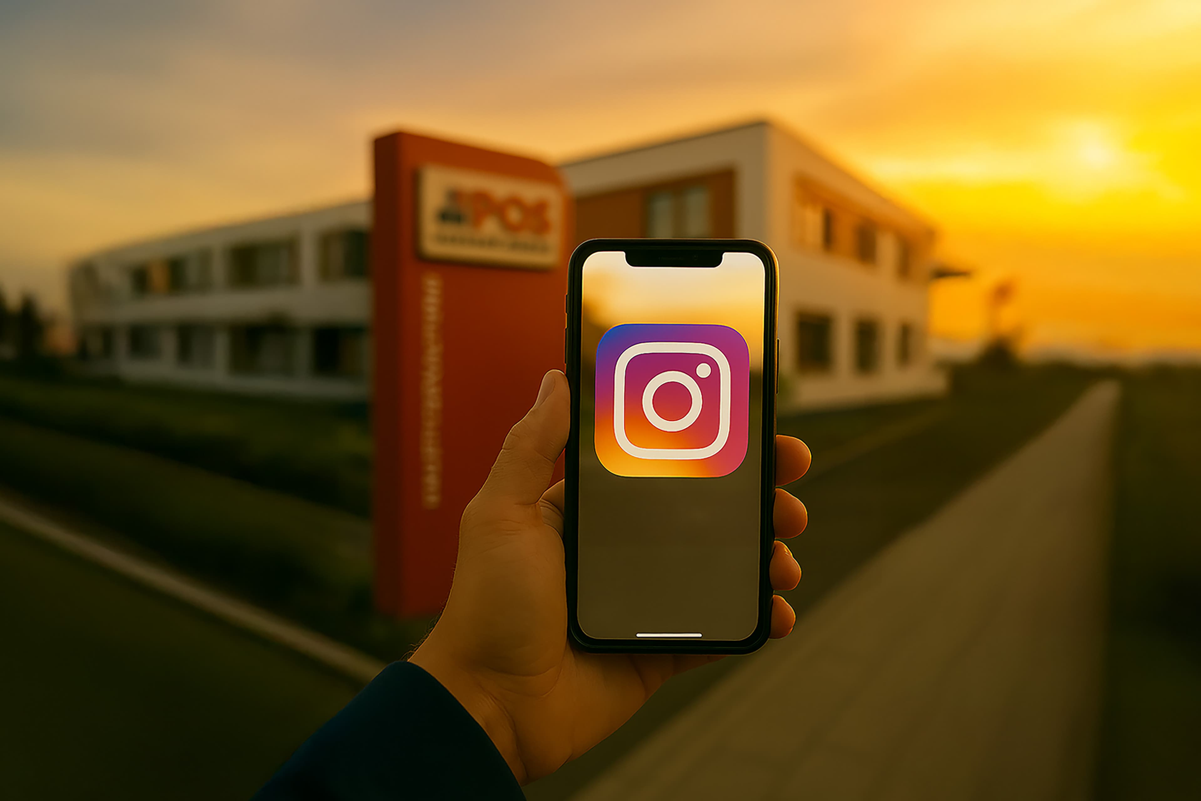 Een hand houdt een smartphone vast met het Instagram-logo voor een modern gebouw bij zonsondergang, met een rood-wit bord wazig op de achtergrond.