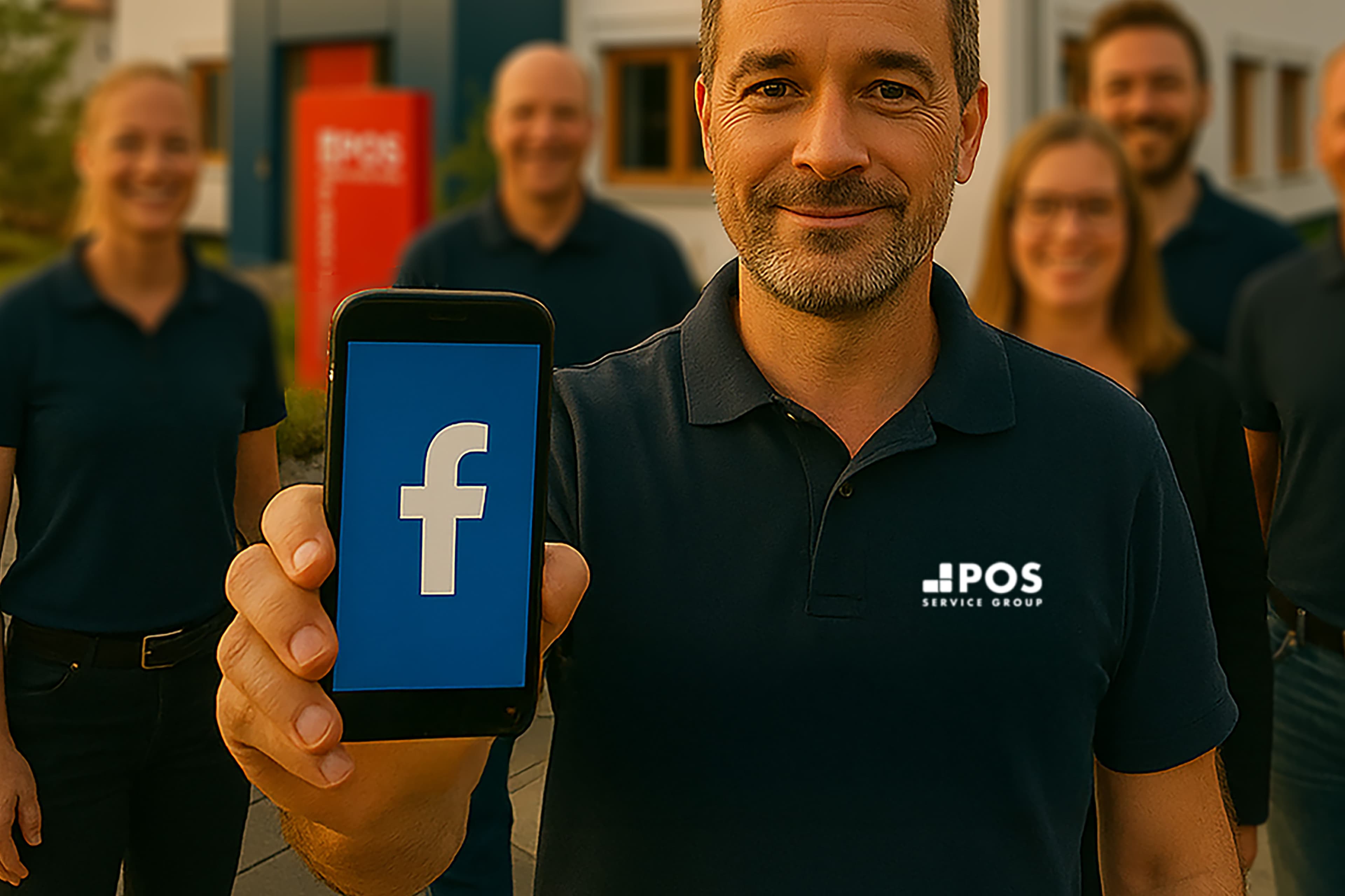 Een man met een shirt van POS Service Group houdt een smartphone met het Facebook-logo omhoog, terwijl vier collega's op de achtergrond staan, allemaal glimlachend en in dezelfde kleding.