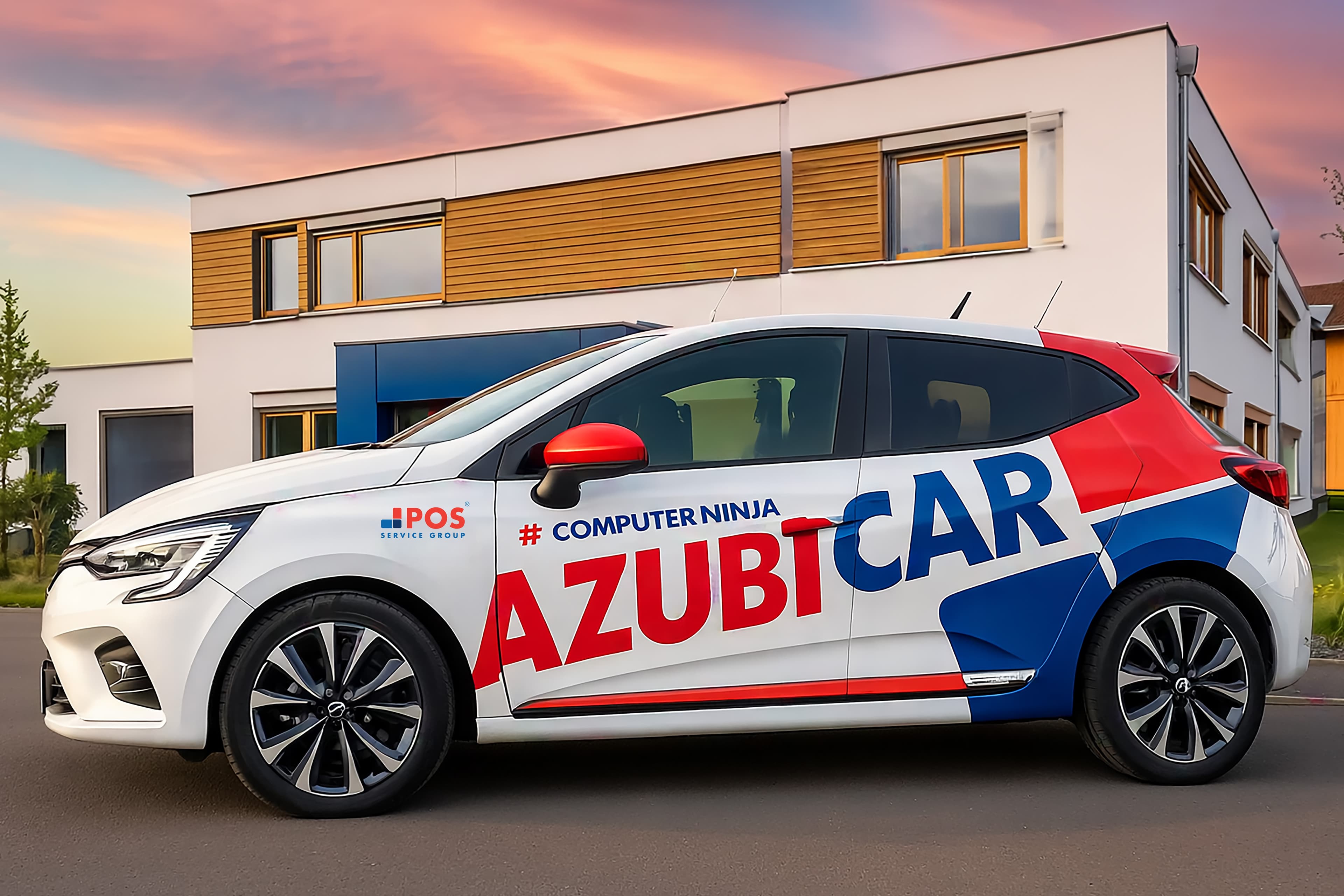 Une voiture compacte blanche garée devant des bâtiments modernes, enveloppée d'un texte rouge, bleu et noir en gras indiquant #COMPUTER NINJA AZUBICAR et d'un logo d'entreprise sur la porte.