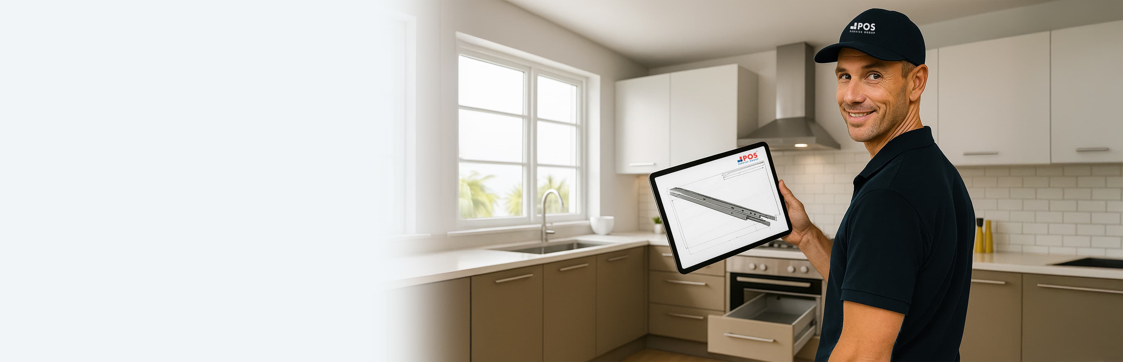 Een lachende man in een uniform en pet houdt een tablet vast met een technische tekening in een moderne keuken met beige kasten en witte aanrechten.