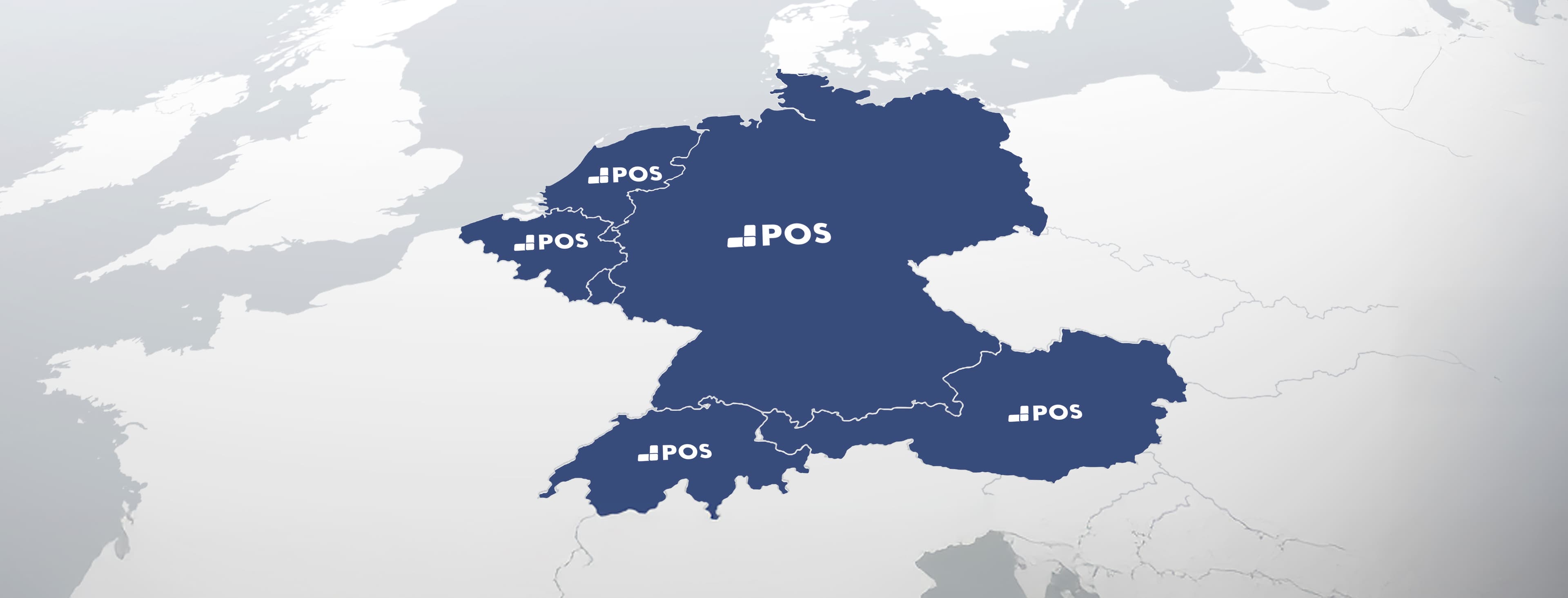 Une carte mettant en évidence l'Allemagne, l'Autriche et la Suisse en bleu foncé, avec l'étiquette "POS" et une petite icône carrée dans chaque pays. Les pays environnants sont représentés en gris clair.