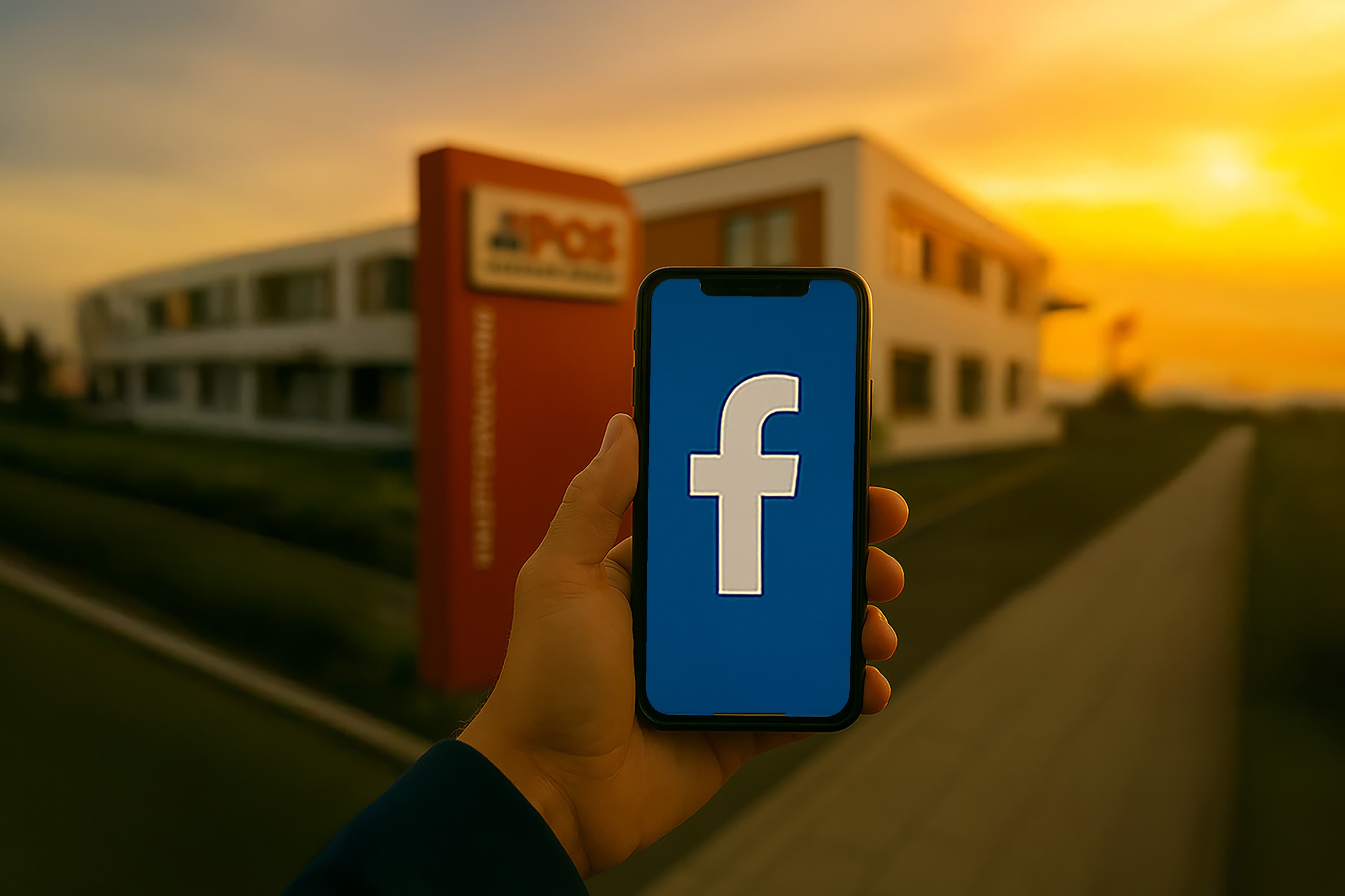 Eine Hand hält ein Smartphone, auf dem das Facebook-Logo abgebildet ist, vor einem modernen Bürogebäude bei Sonnenuntergang.