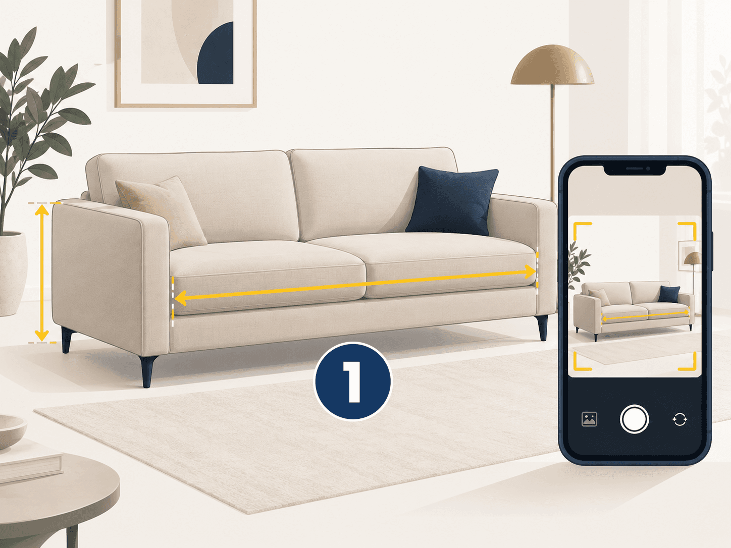 Auf einem Smartphone ist ein Foto eines beigen Sofas zu sehen, auf dem gelbe Pfeile dessen Höhe und Breite anzeigen. Das Sofa steht in einem hellen Wohnzimmer mit einer Pflanze, einer Lampe, einem Teppich und einem gerahmten Bild.