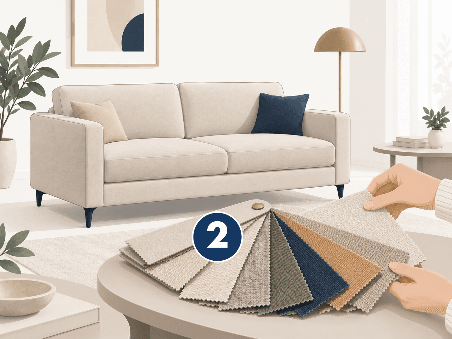 Eine Person hält Stoffmuster vor einem beigen Sofa in einem modernen Wohnzimmer in die Kamera, im Hintergrund sind Pflanzen, eine Lampe und eine Einrichtung in neutralen Farbtönen zu sehen.