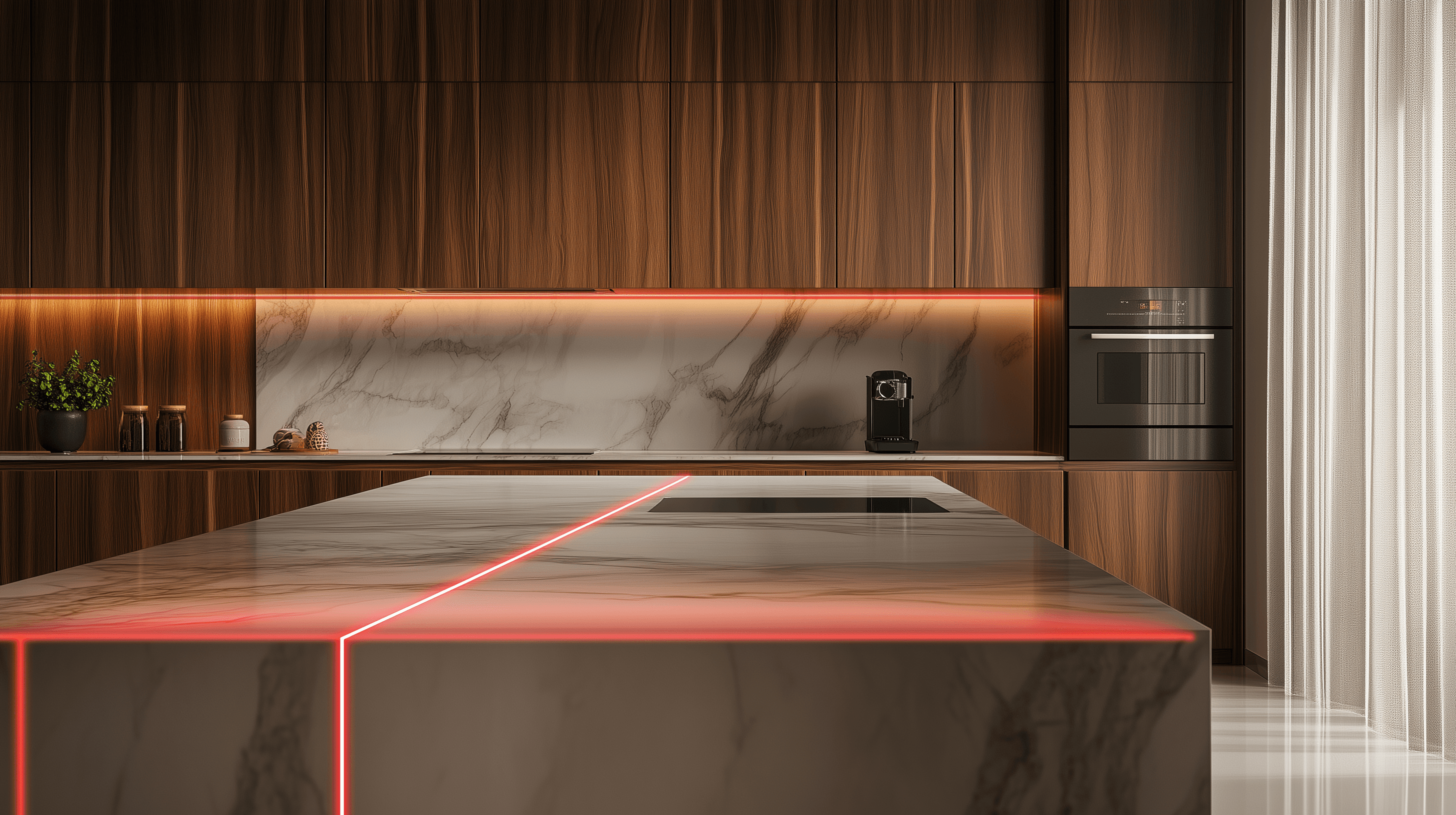 Moderne Küche mit Schränken aus dunklem Holz, Arbeitsflächen und Aufkantungen aus Marmor, eingebautem Backofen, Kaffeemaschine und einer Marmorinsel mit leuchtend rotem LED-Akzent. Natürliches Licht fällt durch die transparenten Vorhänge auf der rechten Seite.