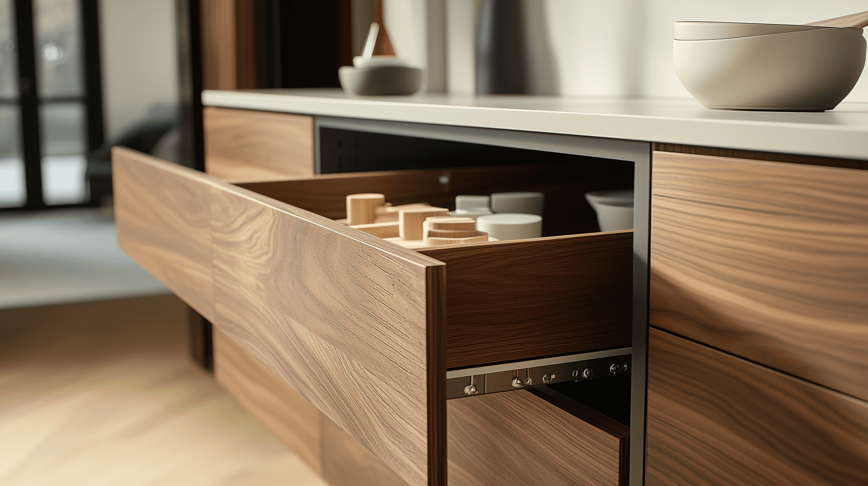 Een close-up van een moderne houten keukenlade die gedeeltelijk open is, met daarin kruidenpotjes en bakjes. De keuken heeft strakke lijnen, gladde oppervlakken en neutrale tinten op de achtergrond.
