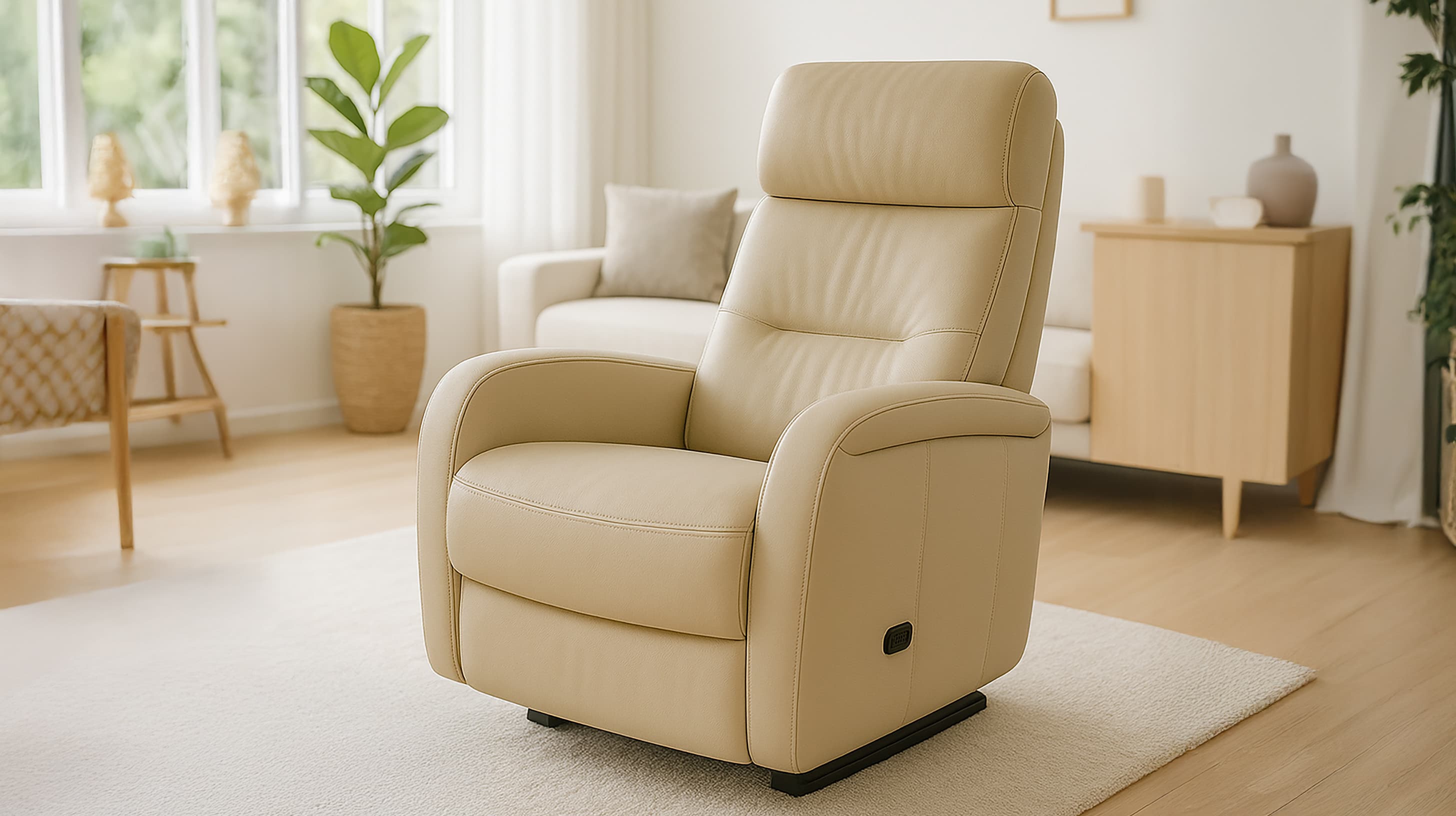 Een beige leren fauteuil staat op een lichtgekleurd tapijt in een lichte, moderne woonkamer met houten meubels, een bank, een plant in potten en natuurlijk licht door de grote ramen.