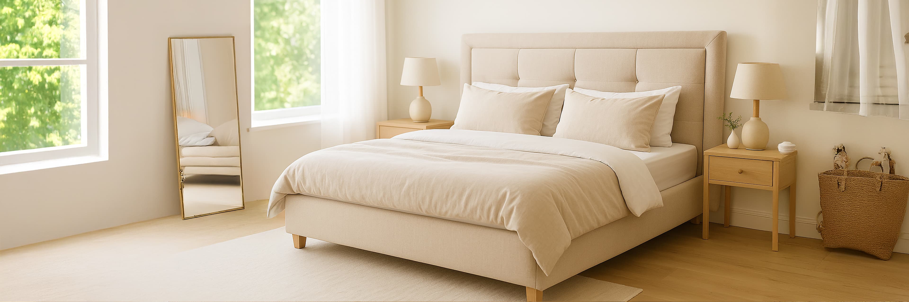 Een lichte, minimalistische slaapkamer met een beige gestoffeerd bed, bijpassend beddengoed, houten nachtkastjes met lampen, een grote vloerspiegel, geweven mand en lichthouten vloeren. Zonlicht stroomt naar binnen door de grote ramen.