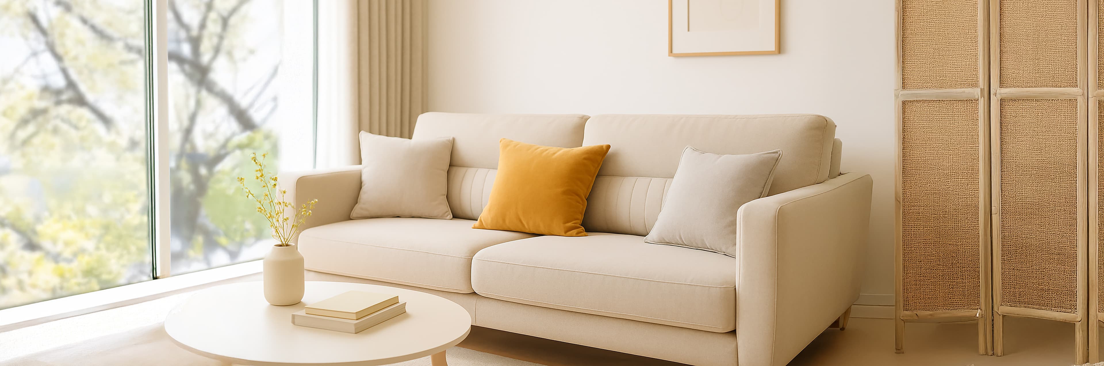 Een moderne woonkamer met een beige bank, grijze en gele kussens, een ronde witte salontafel met boeken en een vaas, een geweven kamerscherm en grote ramen die natuurlijk licht binnenlaten.