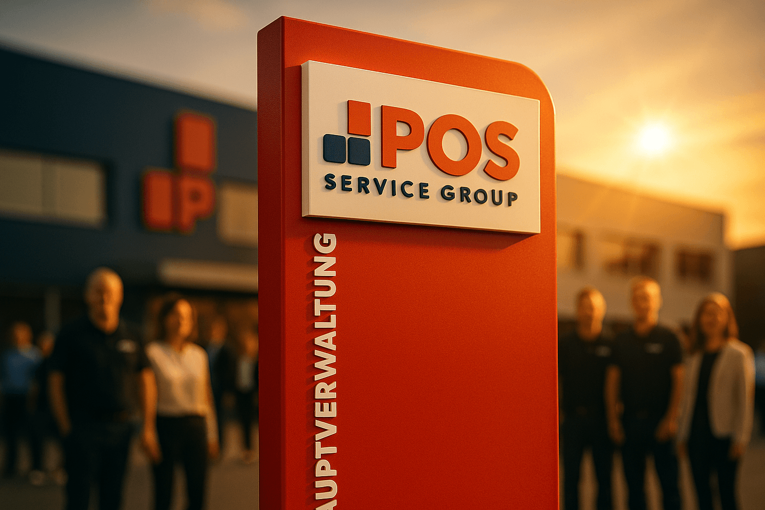 Un panneau rouge indiquant "POS Service Group Hauptverwaltung" est mis au point à l'extérieur d'un bâtiment moderne, avec quatre personnes floues et la lumière chaude du soleil en arrière-plan.