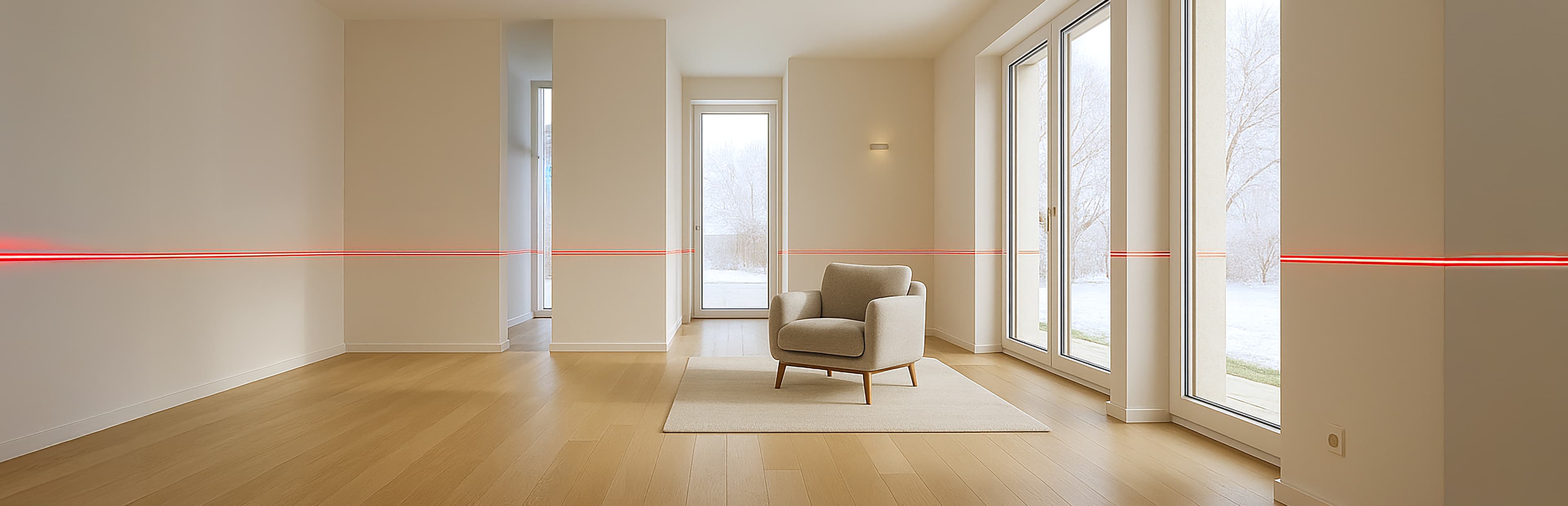 A modern, minimal living room with light wood floors, large windows, and a single armchair on a rug. Red laser beams run horizontally across the room at mid-wall height.