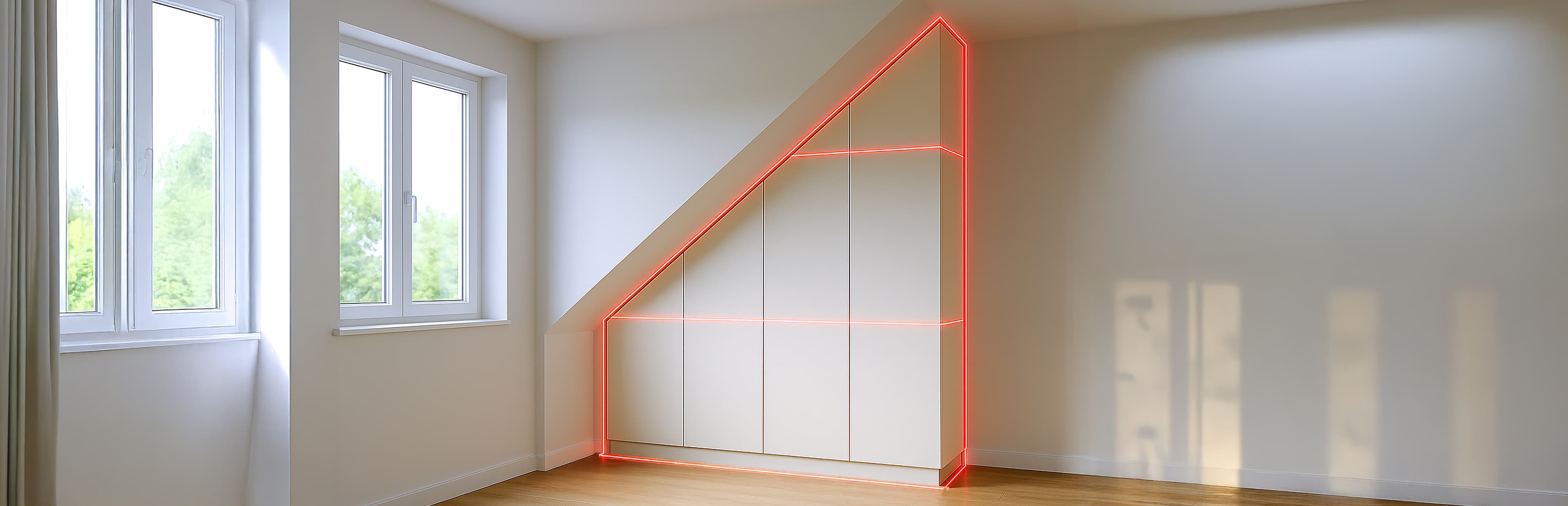 Een lichte kamer met houten vloeren, witte muren en een ingebouwde opslageenheid in een schuin plafond. De kast is omlijnd met gloeiende rode lijnen die de aangepaste vorm benadrukken. Drie ramen laten natuurlijk licht binnen.