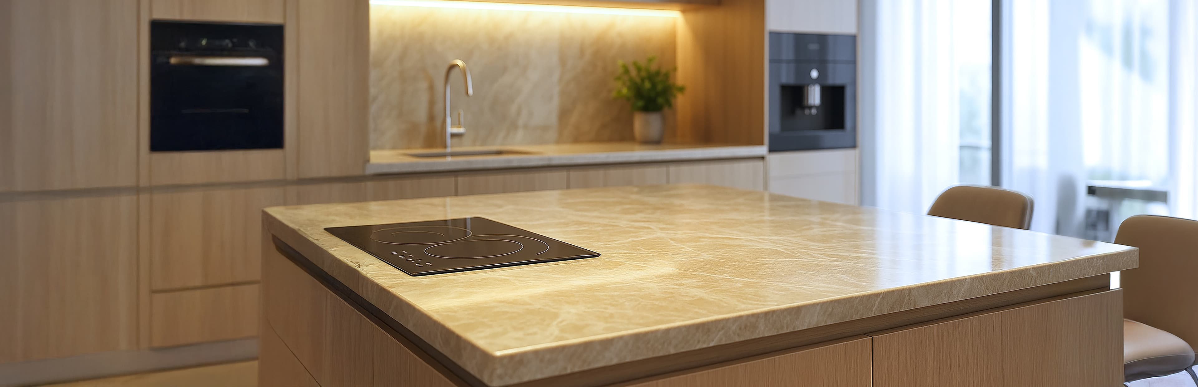 Moderne keuken met een marmeren aanrechtblad met een elektrische kookplaat, lichthouten kasten, ingebouwde oven, gootsteen en natuurlijk licht door de grote ramen. Een plant en koffiezetapparaat zijn zichtbaar op de achtergrond.