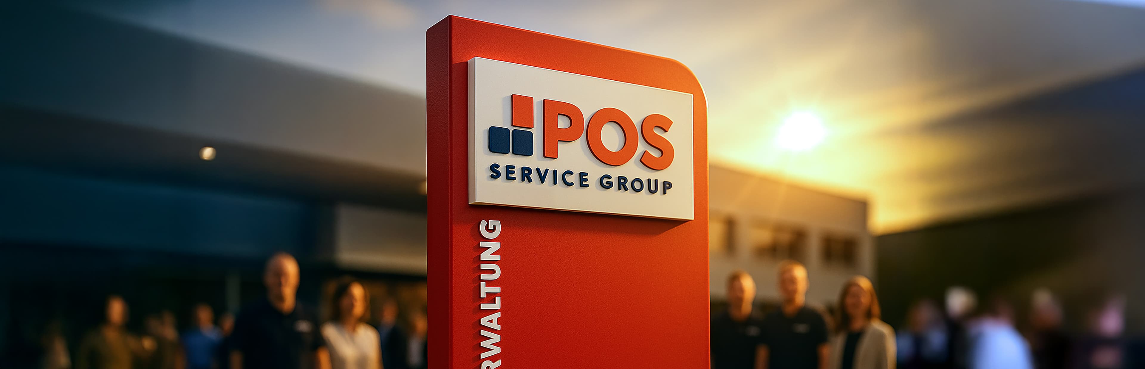 A red sign with the logo and text POS Service Group stands in focus, while several people appear blurred in the background, suggesting an office or business environment.
