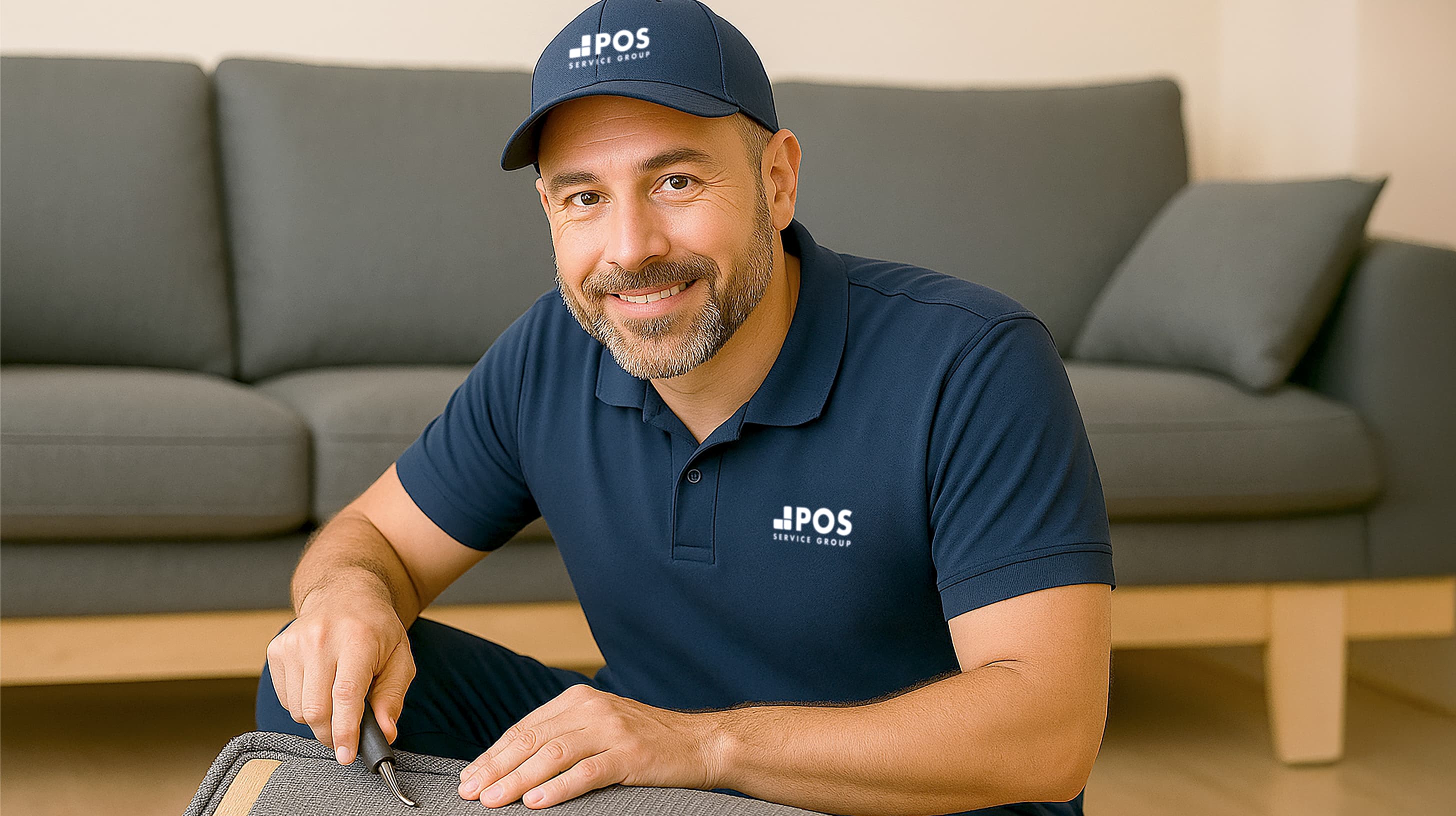 A smiling man in a navy blue polo shirt and cap with POS Service Group logo is assembling furniture with a tool in a modern living room with a gray sofa in the background.