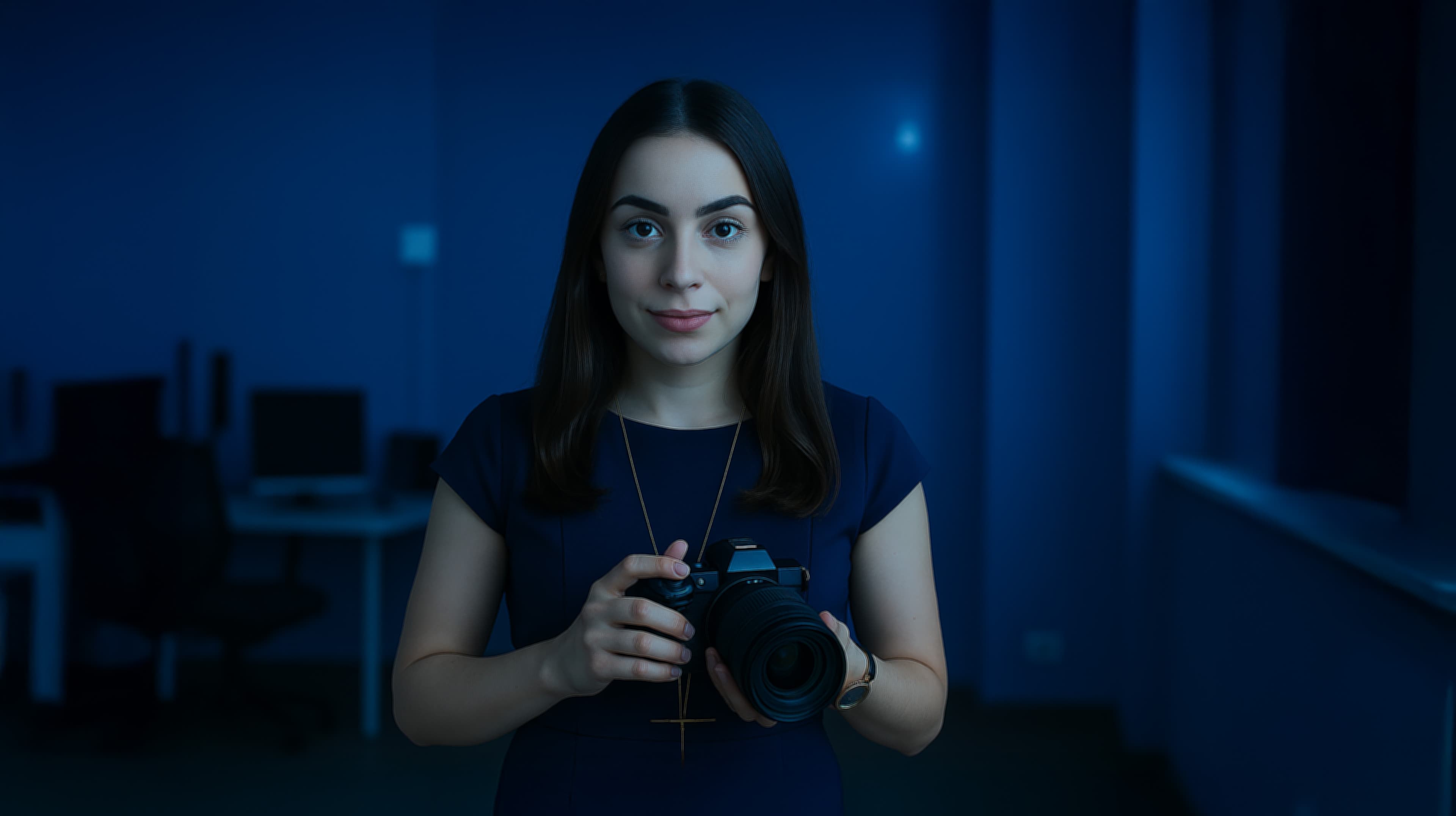 Een vrouw met steil donker haar staat binnen in een schemerige kamer met blauwe muren. Ze houdt een camera vast en kijkt de kijker recht aan. Ze draagt een donkere jurk en een halsketting. Op de achtergrond zijn computertafels zichtbaar.