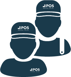 Silhouettenillustration von zwei Personen, die Mützen und Uniformen mit Logos der POS Service Group tragen. Sie scheinen Arbeiter oder Angestellte darzustellen.