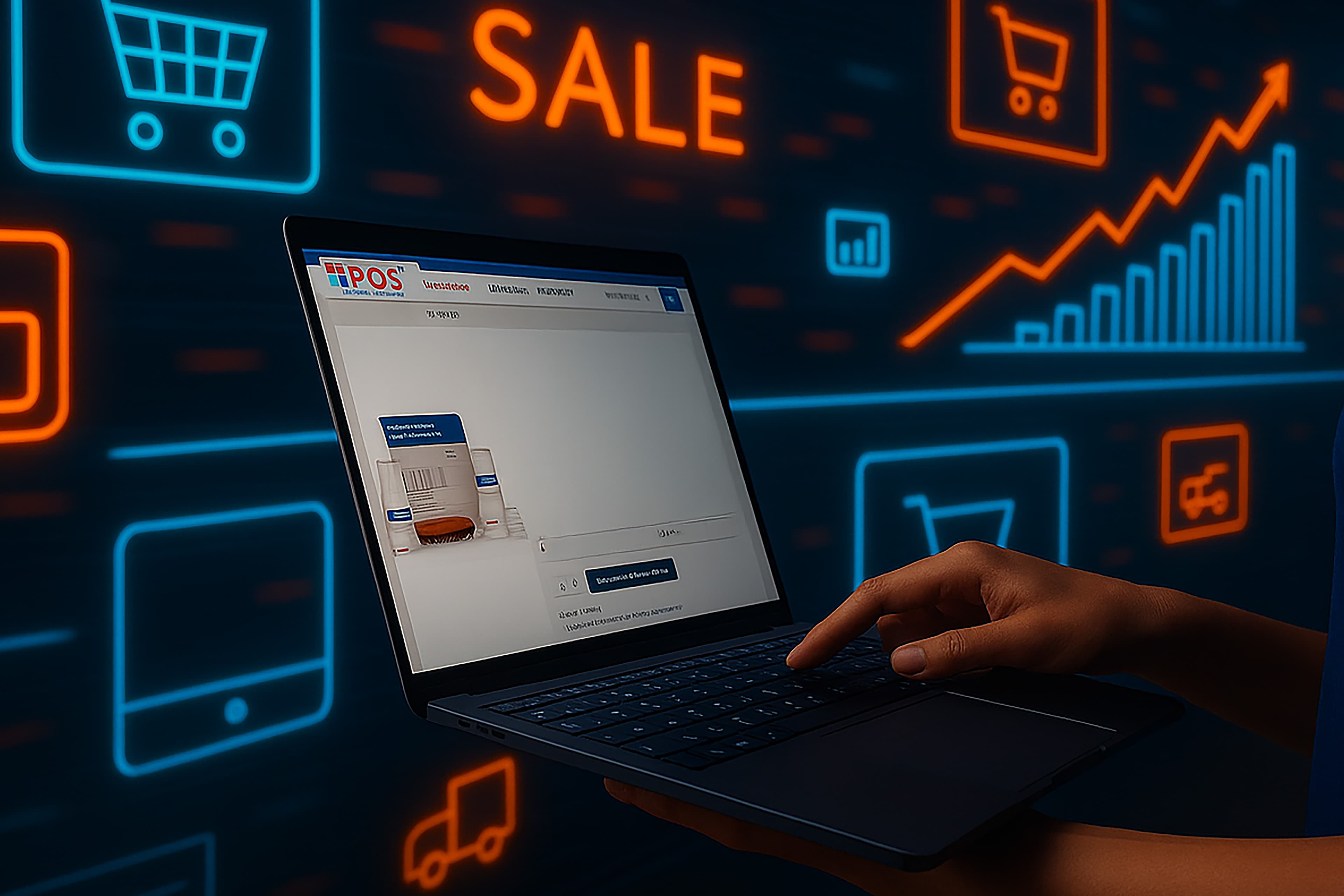 A person uses a laptop displaying a point-of-sale (POS) software interface. In the background, digital icons of shopping carts, sales charts, and the word SALE are illuminated in blue and orange.