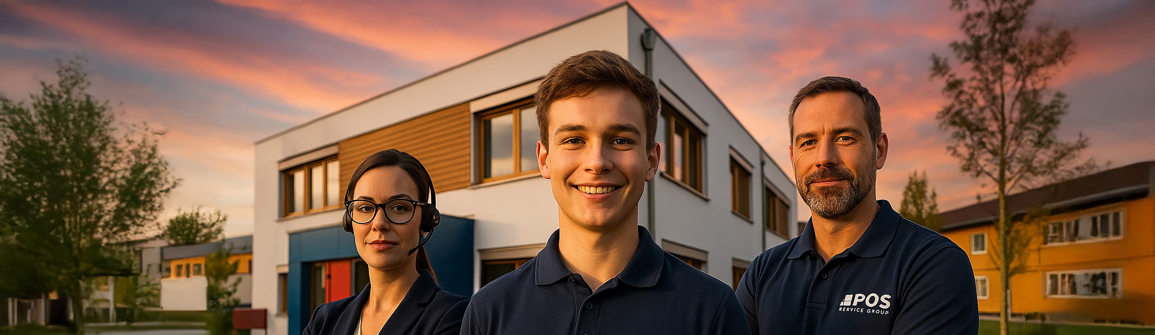 Drie mensen in bijpassende marinehemden staan glimlachend voor een modern gebouw bij zonsondergang, met bomen en meer gebouwen op de achtergrond.