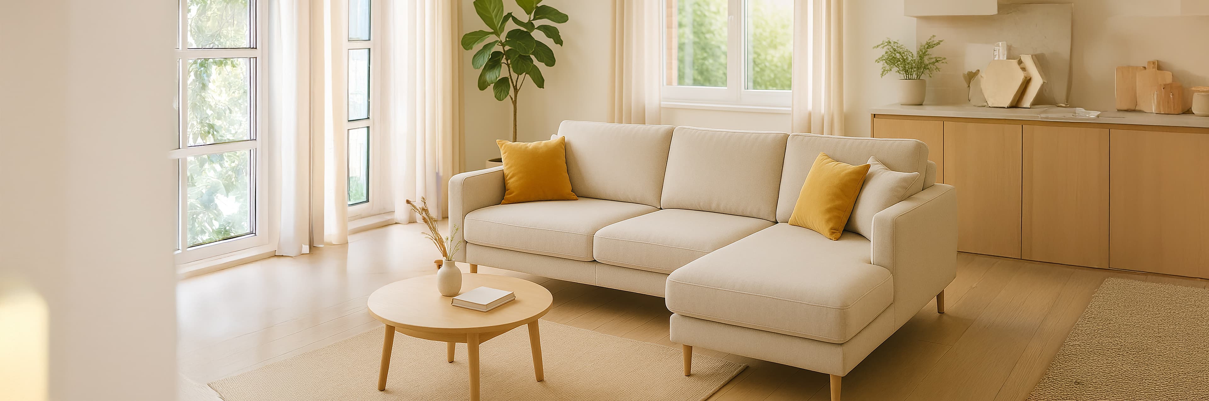 Een lichte, moderne woonkamer met grote ramen, een beige sofa, gele accentkussens, een ronde houten salontafel, een lichte houten vloer en een plant in potten in de hoek. De ruimte voelt luchtig en minimalistisch aan.