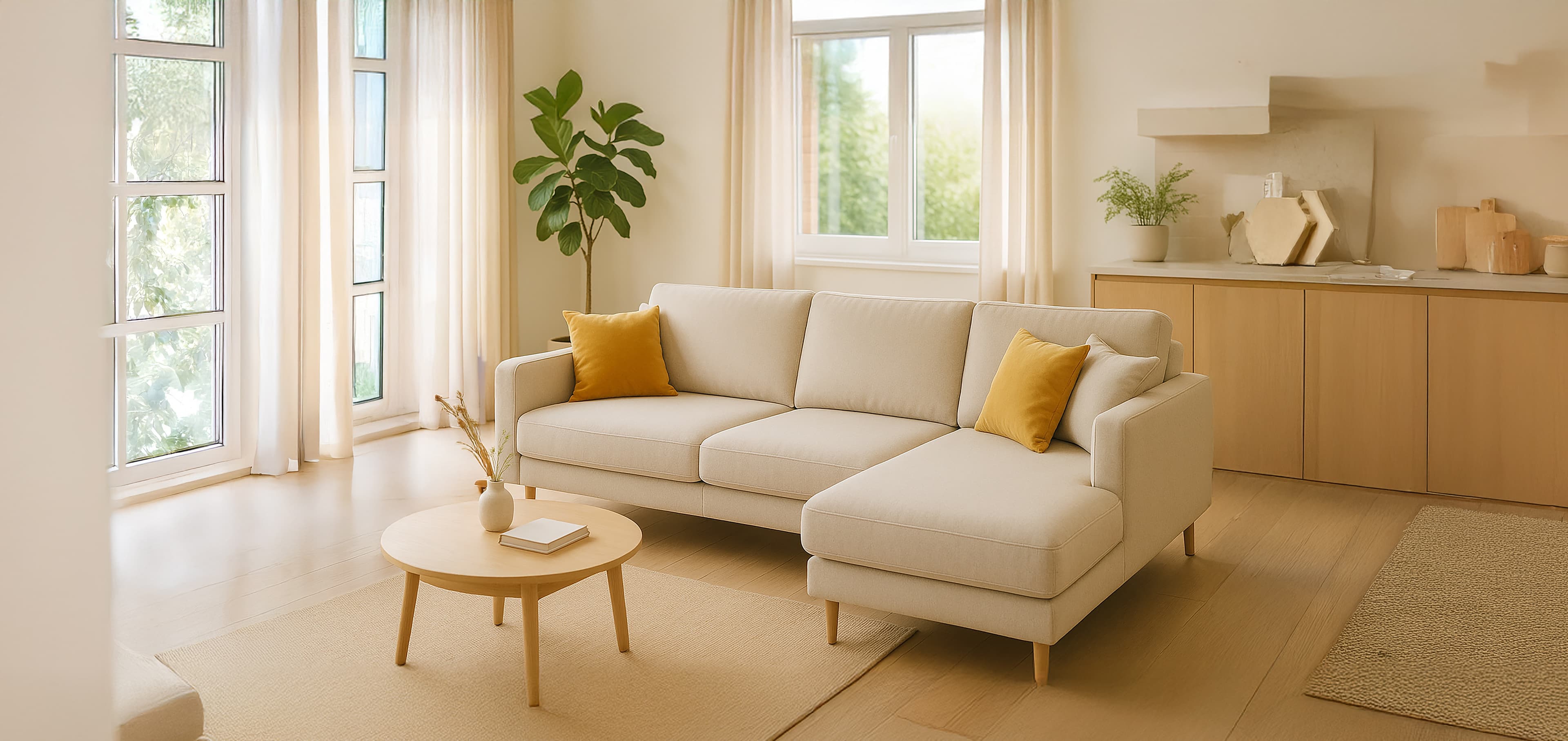 Een lichte, moderne woonkamer met een beige sofa, twee gele accentkussens, een ronde houten salontafel, een grote plant in potten en natuurlijk licht dat door de hoge ramen en gordijnen naar binnen schijnt.