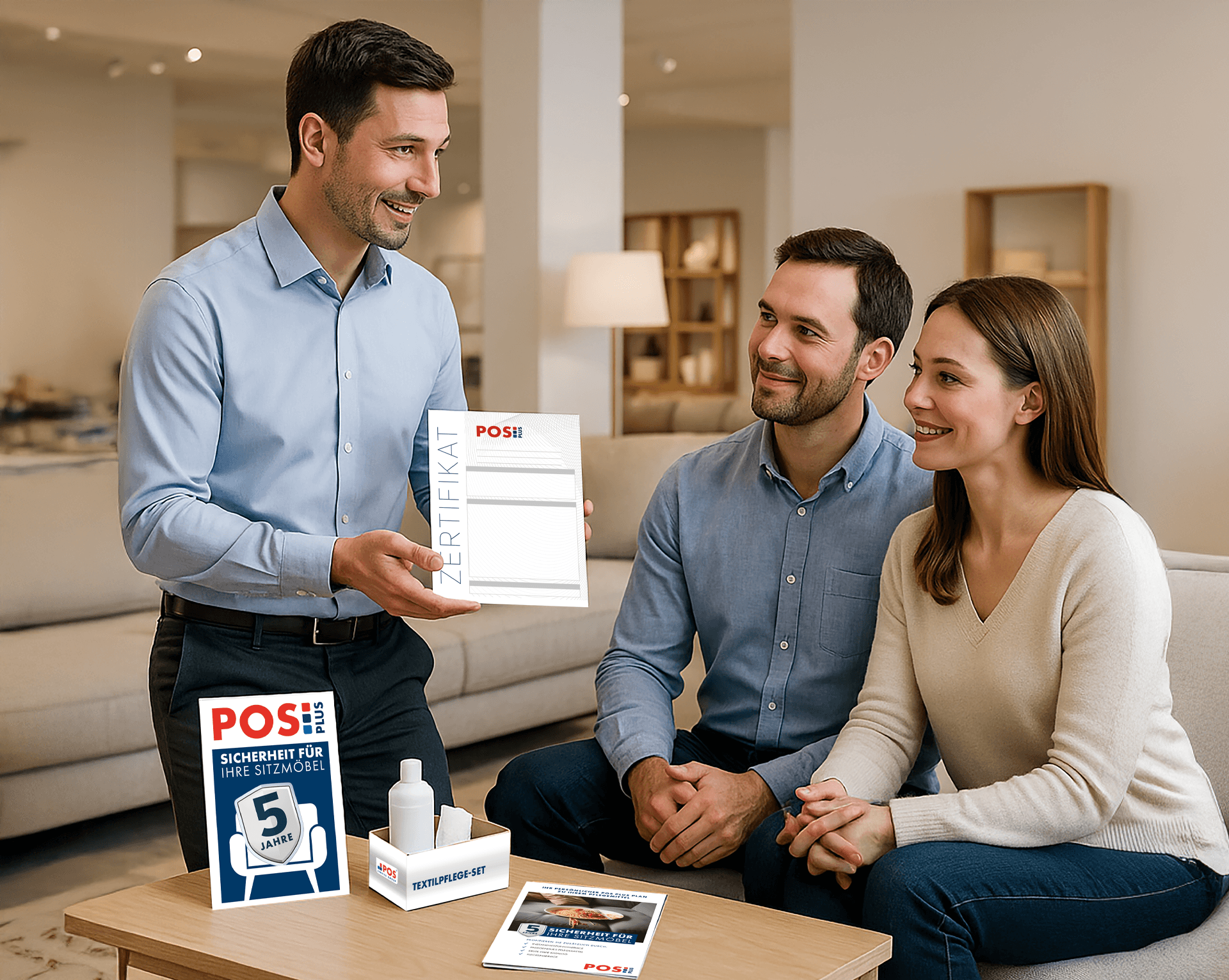 Een man in een blauw shirt laat een certificaat zien aan een lachend stel dat op een bank zit. Op de tafel voor hen liggen brochures, een flesje ontsmettingsmiddel en een klein doosje in een lichte, moderne woonkamer.
