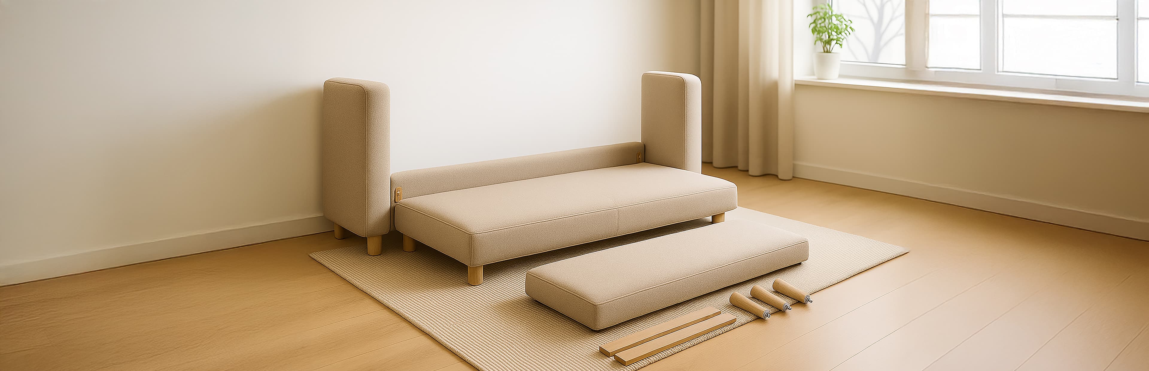 Ein teilweise zusammengebautes beiges Sofa mit Kissen, Holzbeinen und Montagewerkzeug auf einem hellen Teppich in einem hellen Raum mit Holzfußboden, einem Fenster und einer Topfpflanze.
