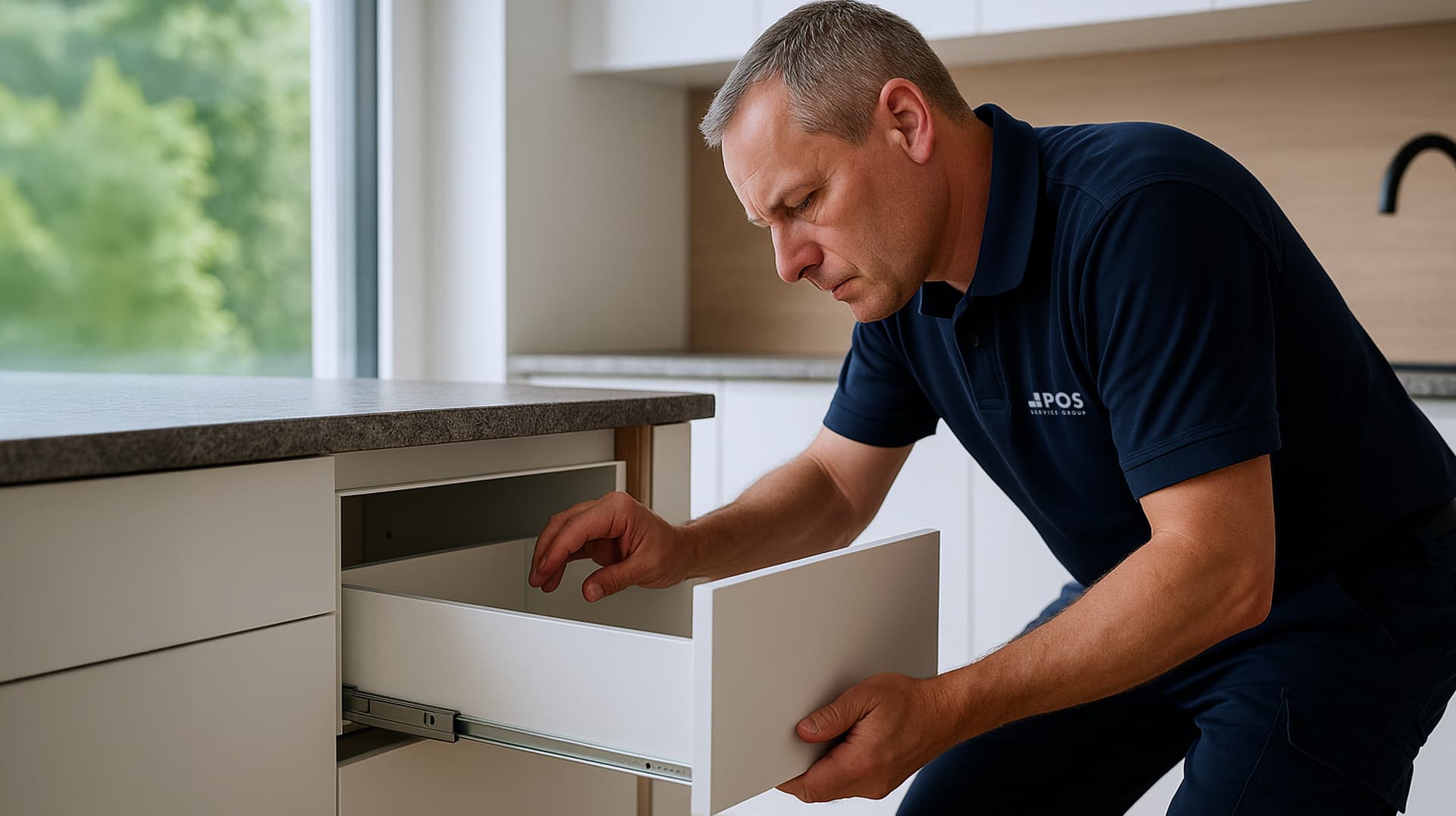 Een man in een marineblauw overhemd inspecteert of repareert een witte keukenlade in een moderne, lichte keuken met lichtgekleurde kastjes en een groot raam op de achtergrond.
