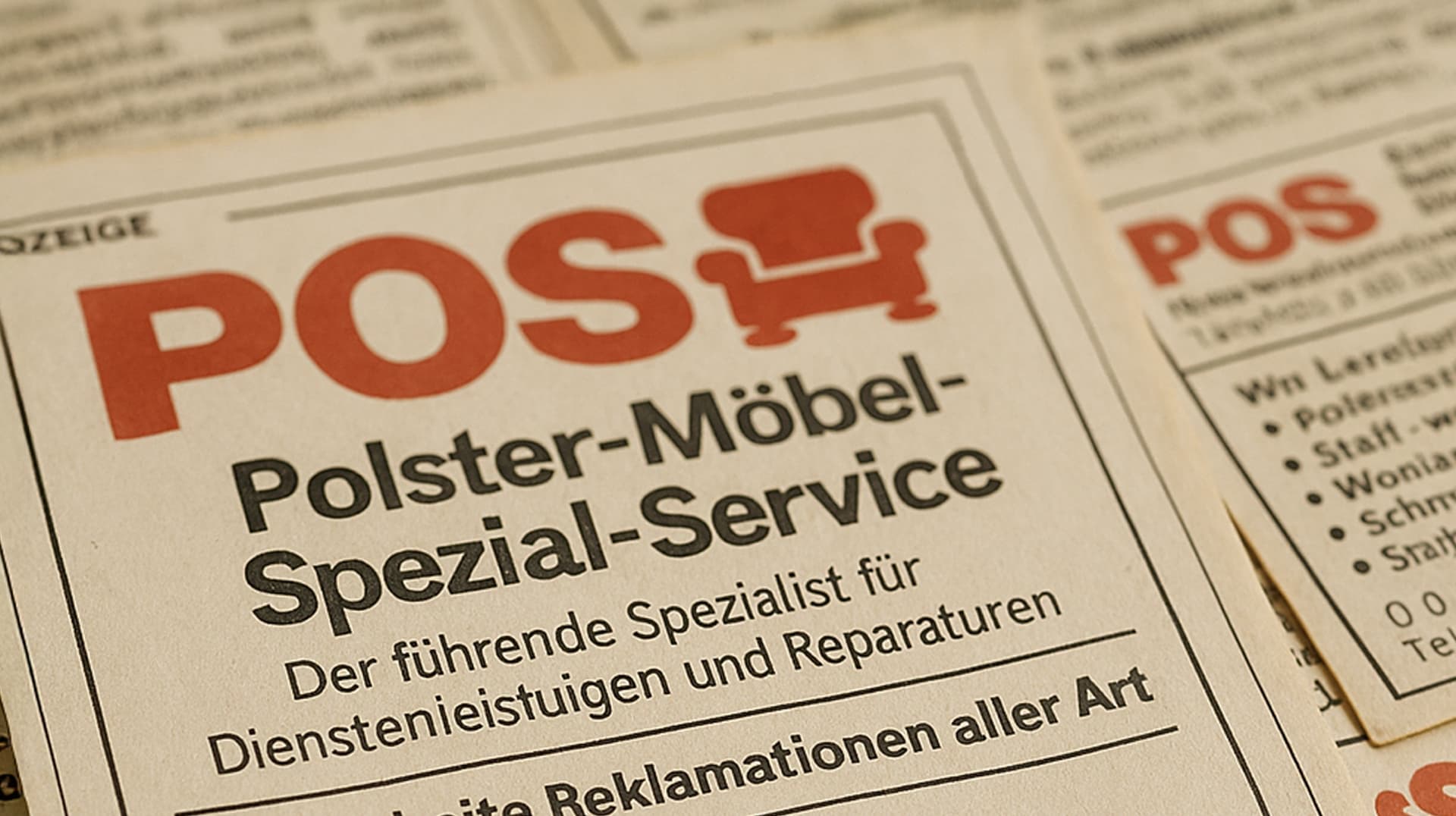 Nahaufnahme einer deutschen Zeitungsanzeige für "Polster-Möbel-Spezial-Service" mit einem roten Logo und einer Couch-Grafik. Die Anzeige wirbt für Polster- und Möbelreparaturdienste.