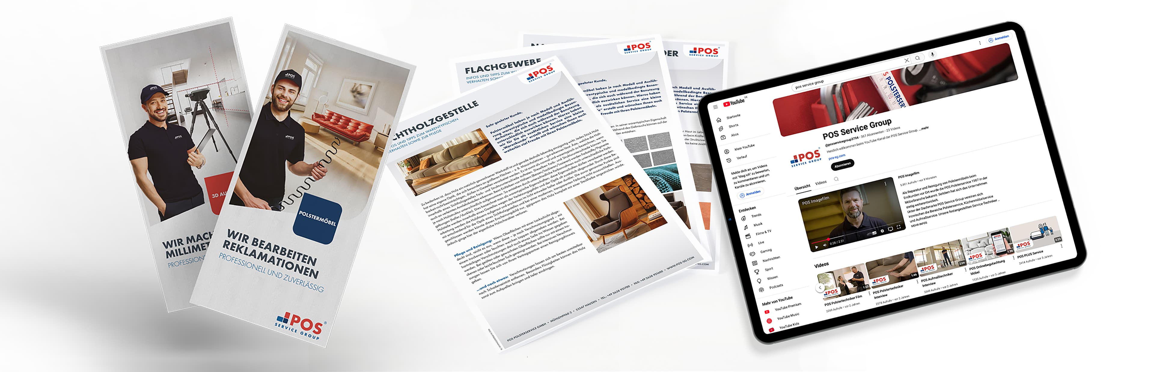 A set of POS-branded brochures and documents displayed next to a tablet showing a YouTube channel page, featuring a man in a black shirt and various images of interior surfaces.