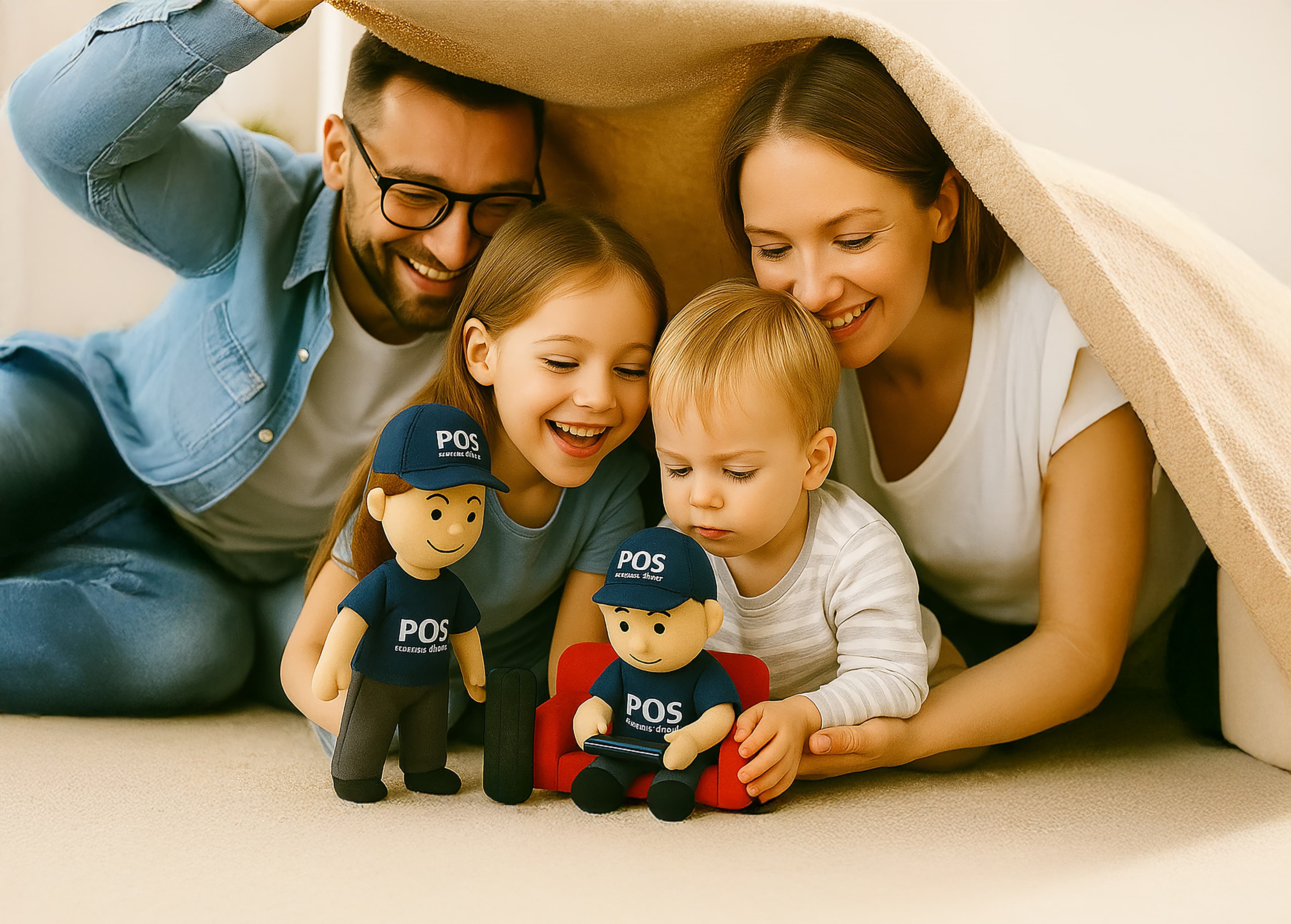 Eine lächelnde vierköpfige Familie - zwei Erwachsene und zwei kleine Kinder - liegt unter einem Deckenzelt und spielt mit zwei Plüschpuppen in blauen "POS"-Uniformen. Die Szene ist warm und fröhlich, alle sind beschäftigt und glücklich.