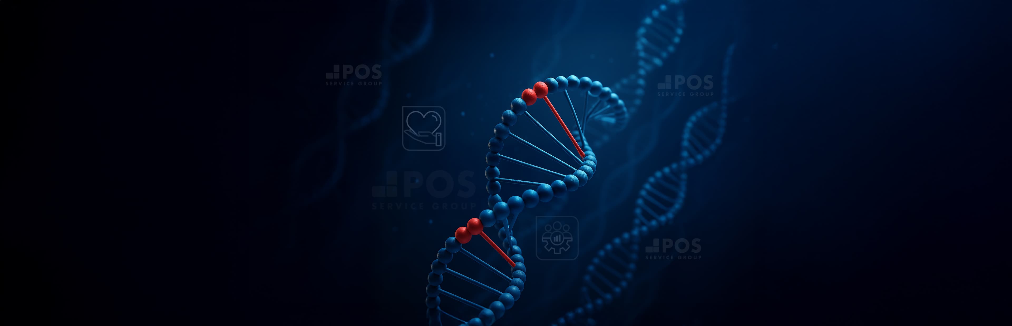 Eine 3D-Darstellung einer blauen DNA-Doppelhelix mit roten Highlights auf dunkelblauem Hintergrund, mit schwachen Umrissen anderer DNA-Stränge und subtilen wissenschaftlichen Symbolen.