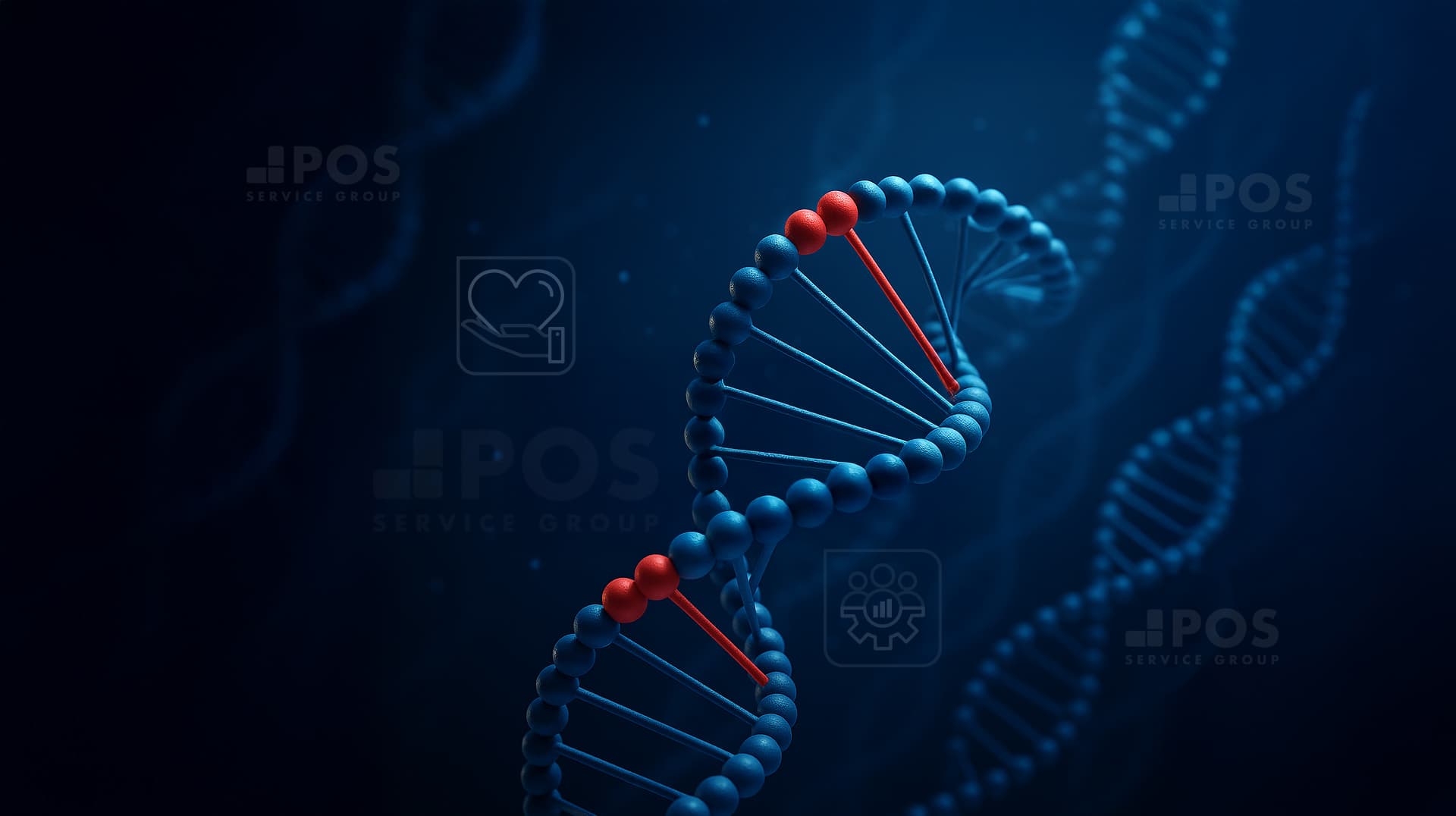 Eine 3D-Illustration eines DNA-Doppelhelix-Strangs mit blauen und roten Molekülen auf einem dunkelblauen Hintergrund, mit schwachen DNA-Strängen und medizinischen Symbolen in der Ferne.