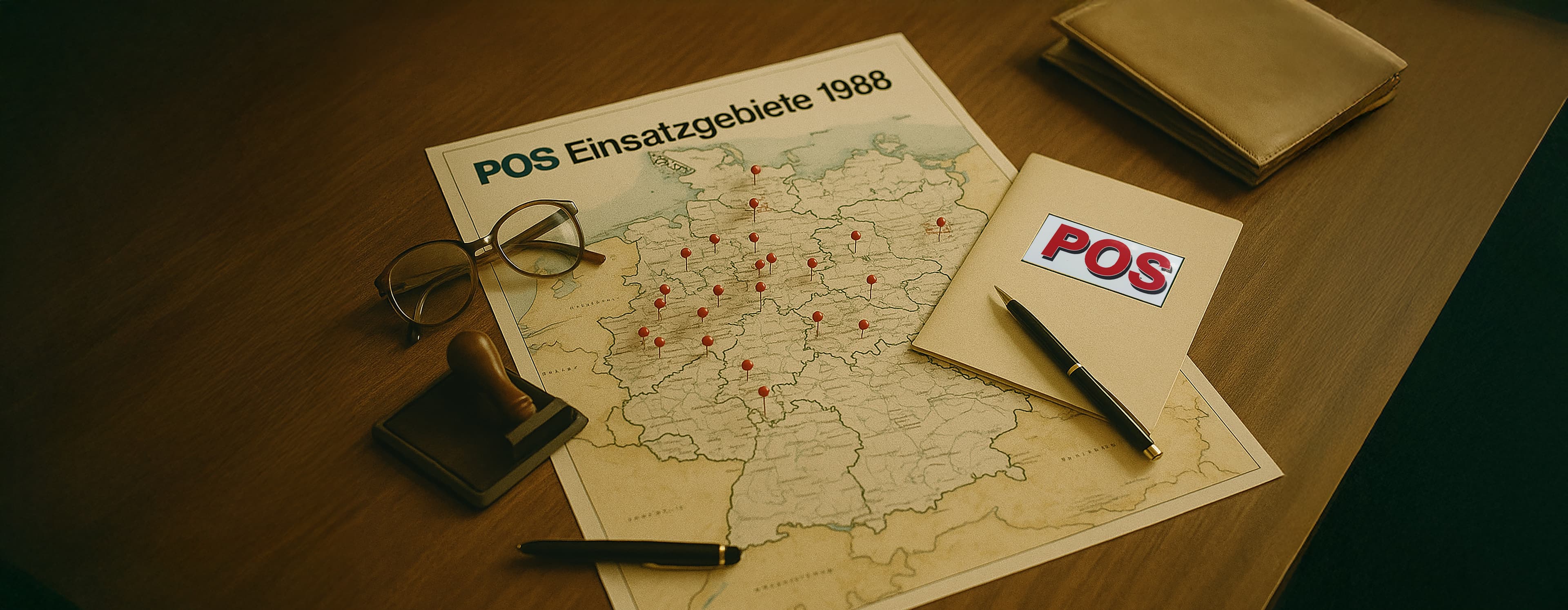 Een bureau met een kaart getiteld POS Einsatzgebiete 1988 met daarop rode spelden door heel Duitsland, een bril, een postzegel, twee pennen, een notitieboekje met de tekst POS en een beige portemonnee.