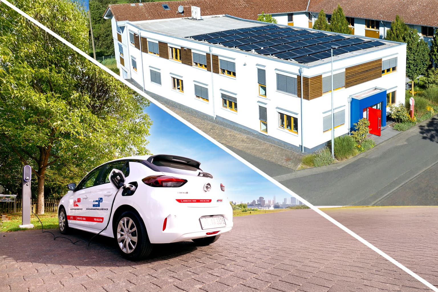 A split-image shows a white building with rooftop solar panels on top, and below, an electric car charging at a station in an outdoor area with trees and a distant cityscape.