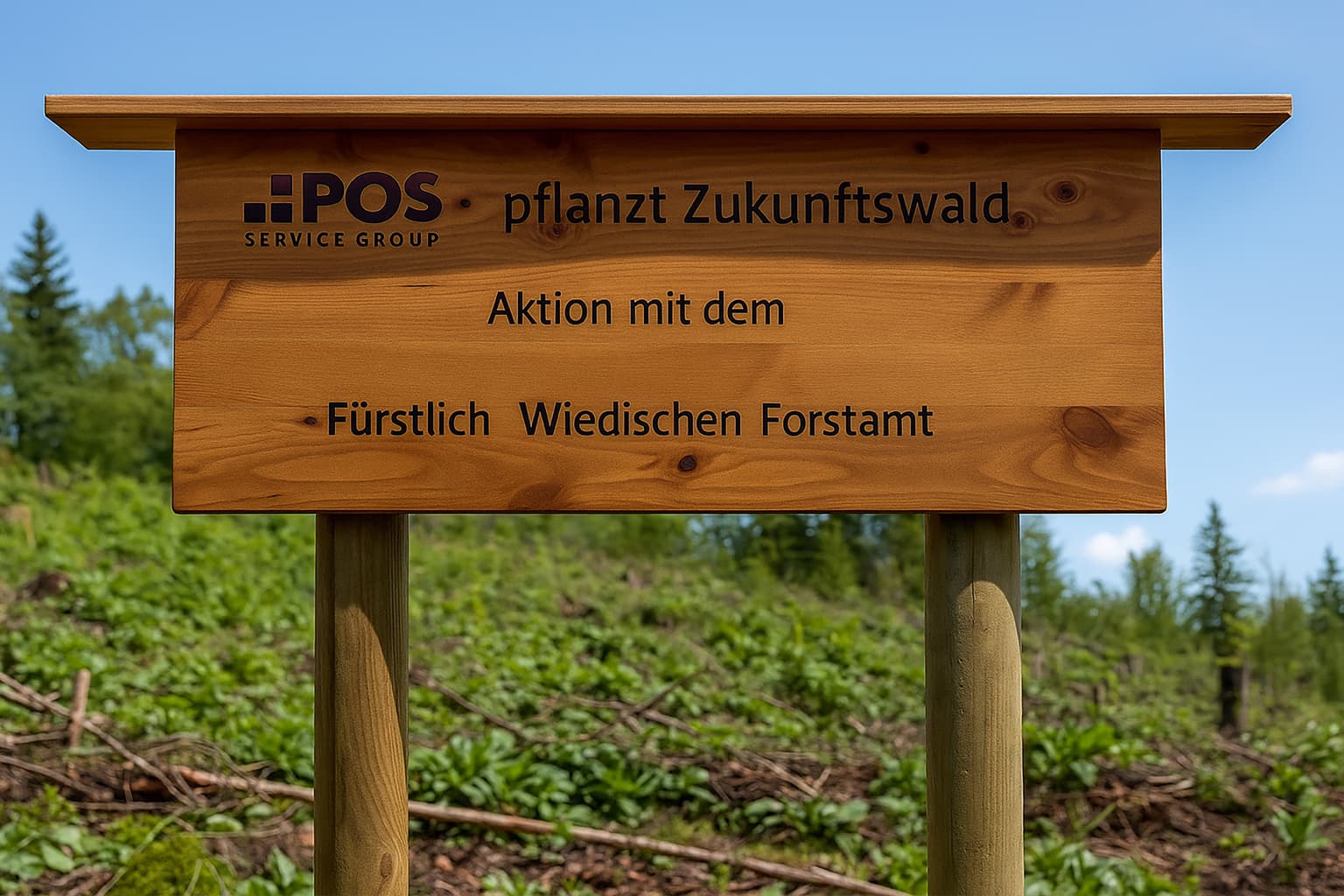 A wooden sign in German reads: POS Service Group pflanzt Zukunftswald. Aktion mit dem Fürstlich Wiedischen Forstamt. Green forest and blue sky are visible in the background.
