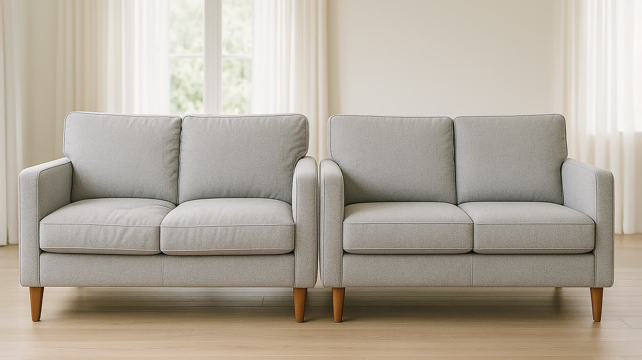 Two light gray sofas with wooden legs are placed side by side in a bright room with light wood floors and large windows covered by white curtains in the background.