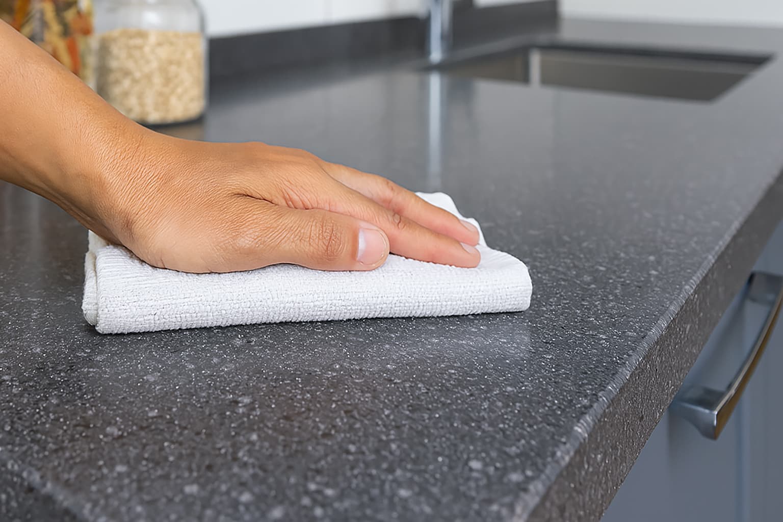 A hand is wiping a clean, dark gray kitchen countertop with a white cloth. A sink and a glass jar with pasta are visible in the background.