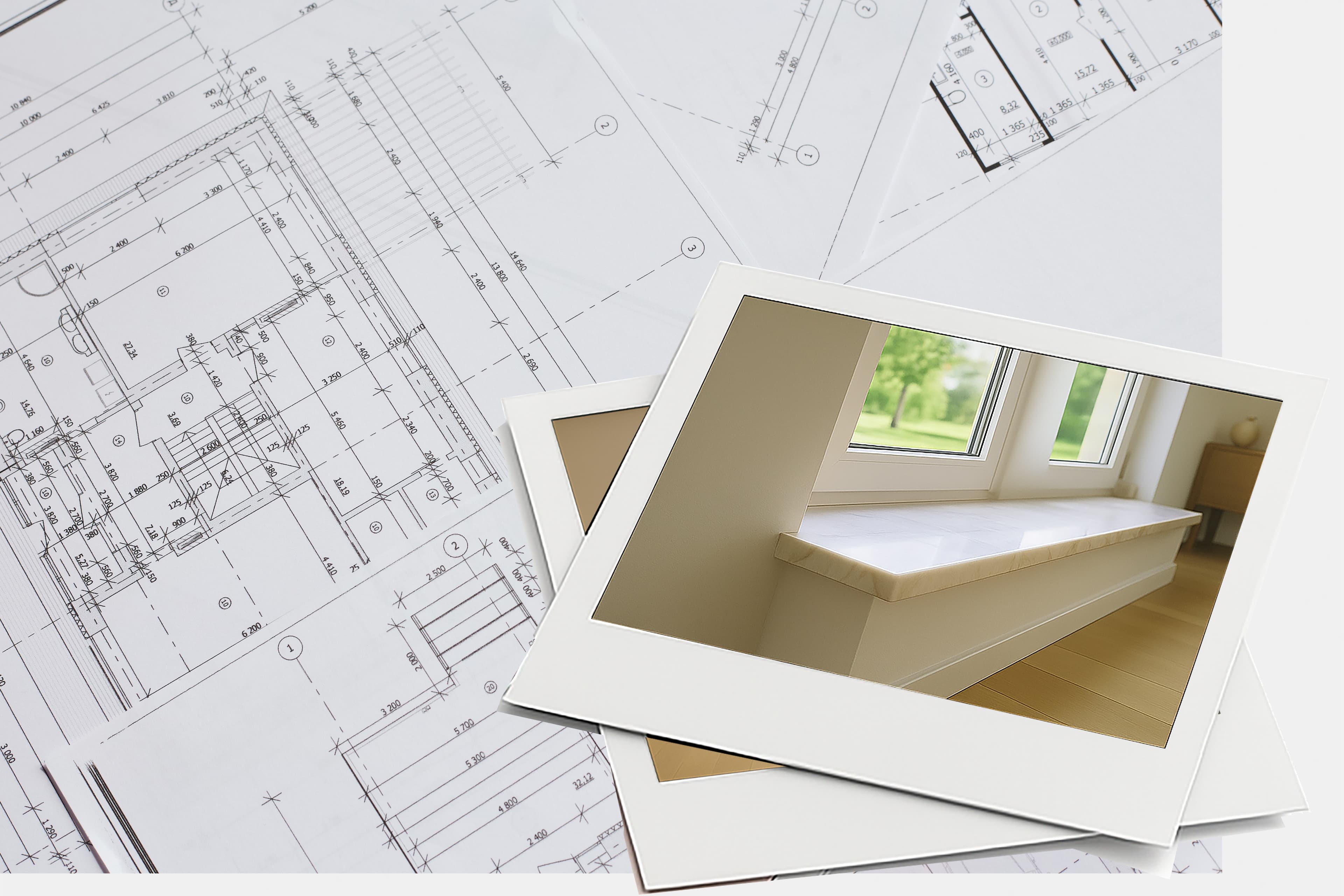 Photographs of a window seat are placed on top of architectural blueprints, suggesting an interior design or renovation project.
