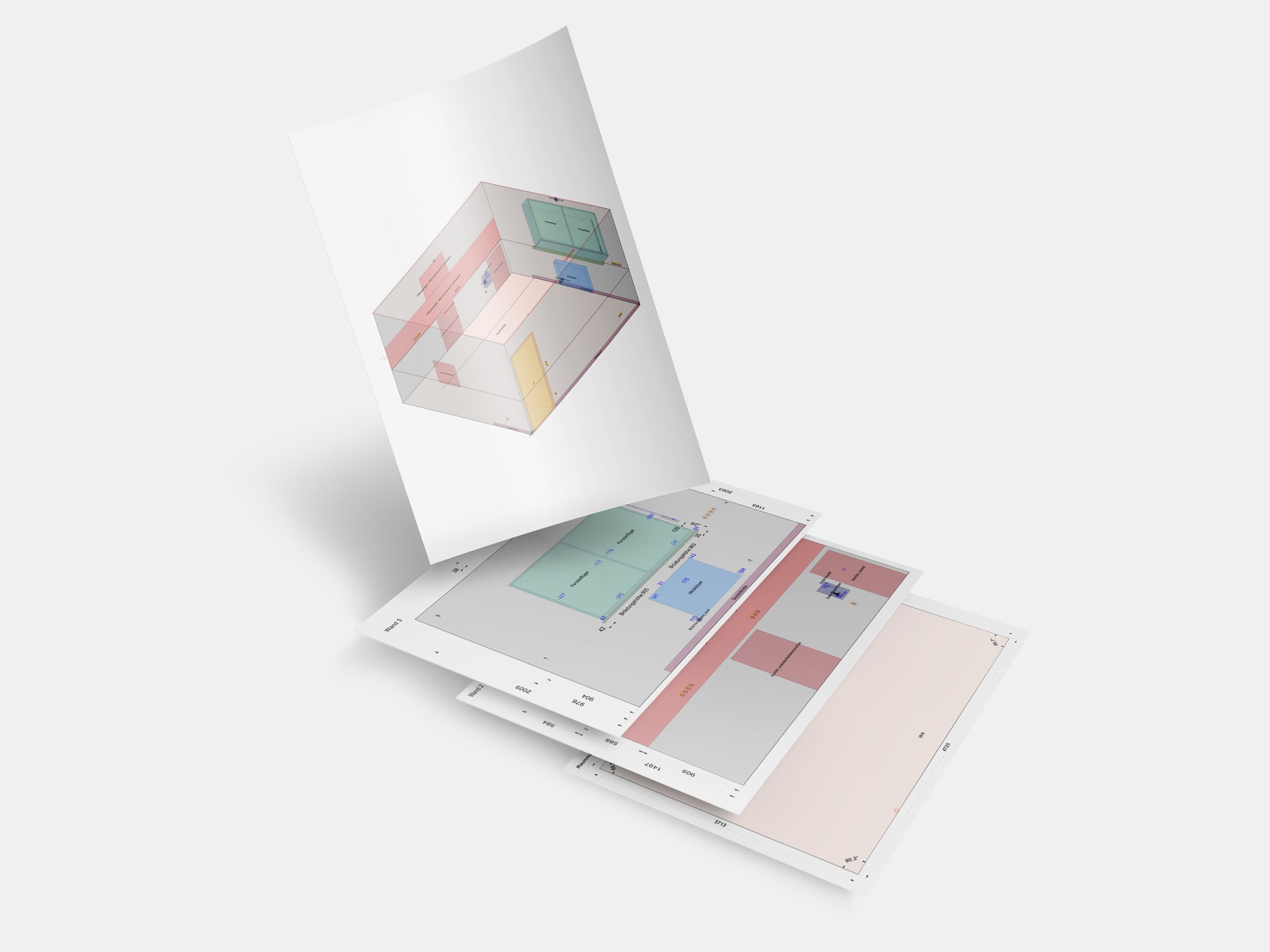 Three architectural floor plan sheets on a white background, with the top sheet showing a 3D room layout in muted colors and the lower sheets displaying color-coded 2D floor plans.