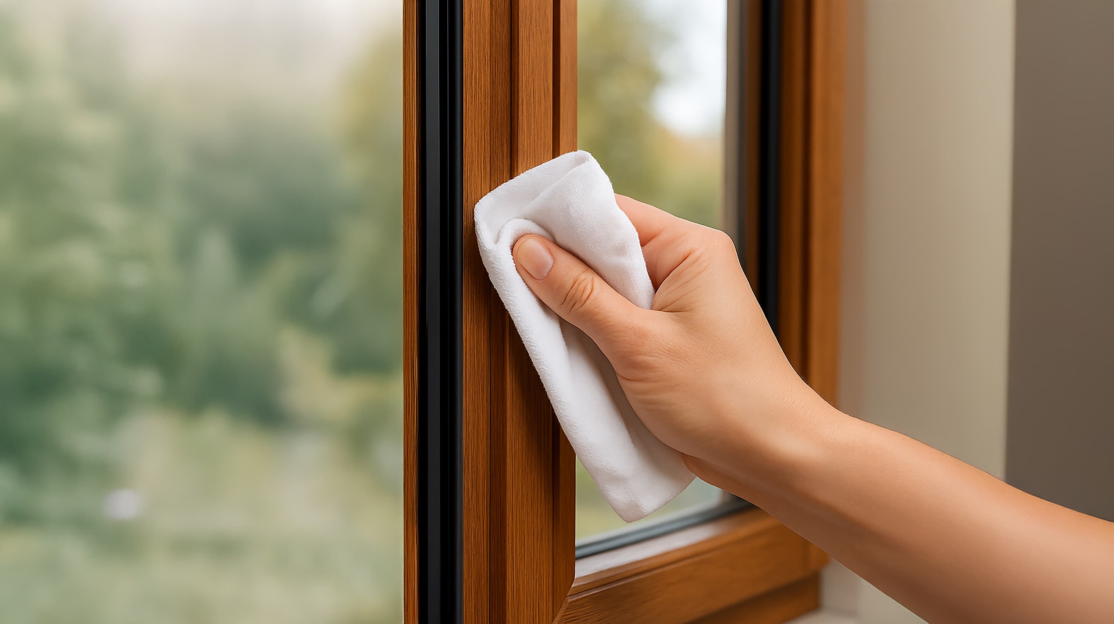A hand is cleaning the wooden frame of a window with a white cloth, with a blurred outdoor scene visible through the glass.