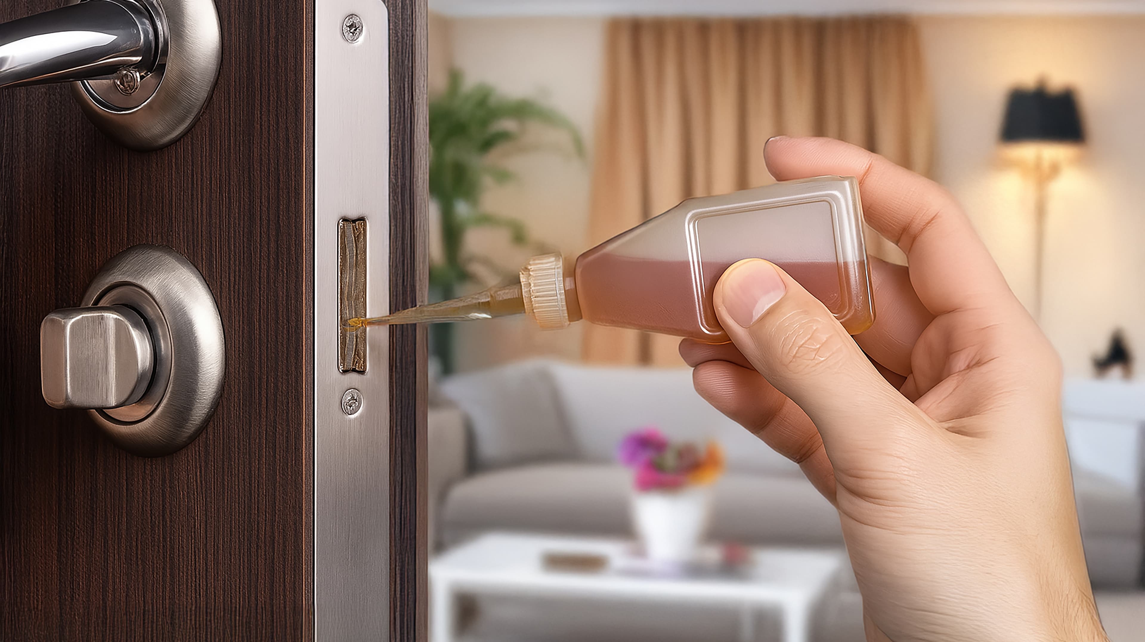 A hand applies lubricant from a small squeeze bottle to the latch mechanism of a door lock, with a blurred living room featuring a sofa, table, and lamp in the background.