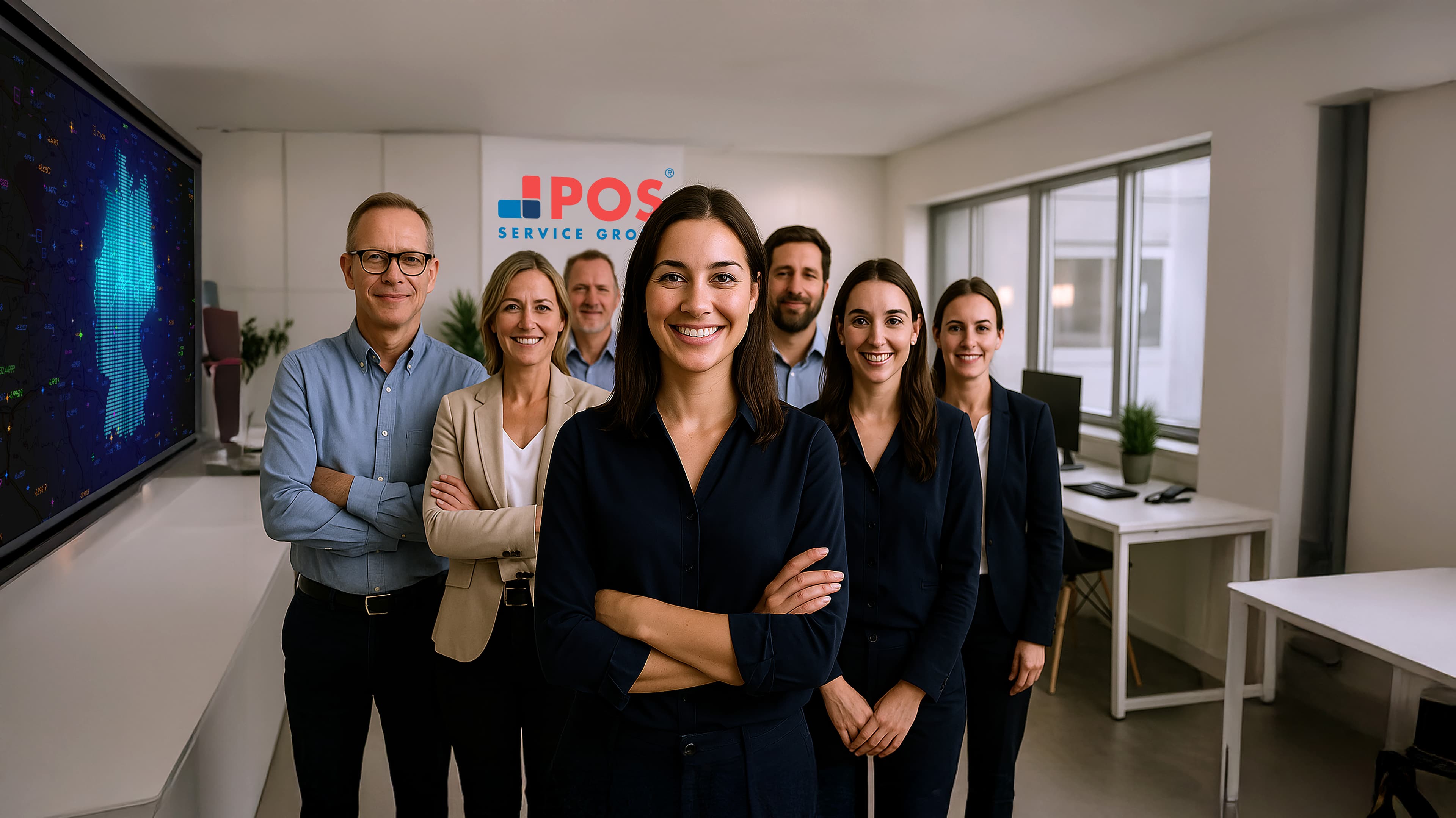 Een groep van zeven professioneel geklede mensen, drie mannen en vier vrouwen, staan glimlachend in een kantoor. Een bord met de tekst POS Service Group en bureaus zijn zichtbaar op de achtergrond.