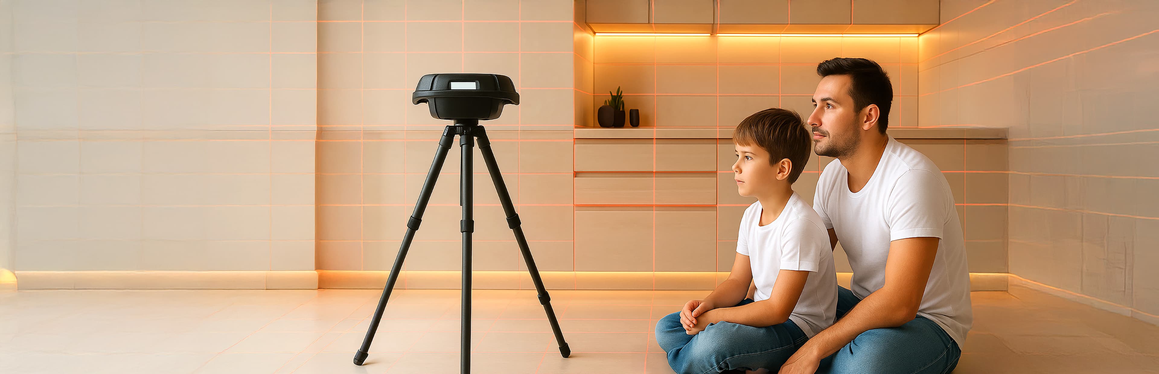 Ein Mann und ein Junge sitzen im Schneidersitz in einem modernen, schwach beleuchteten Raum auf dem Boden und beobachten aufmerksam ein Gerät, das auf einem Stativ vor ihnen steht.